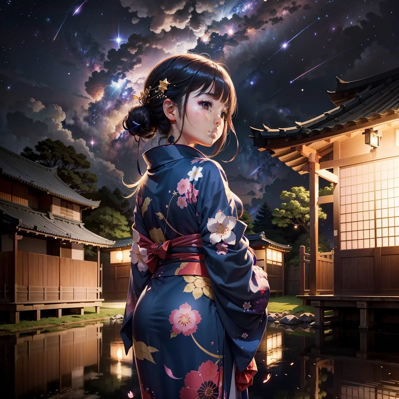1chica, chica distante con un kimono mirando los fuegos artificiales, (alejado: 1.1), (estrellas: 1.2), (cometa: 1.1), tu nombre, Angle low, from the rear, aroura borealis, estrella fugaz, yukata, kimono, campo de girasoles, de pie en un campo, mejor calidad, obra maestra, nube, colorido, estrellado, estrellas, verani