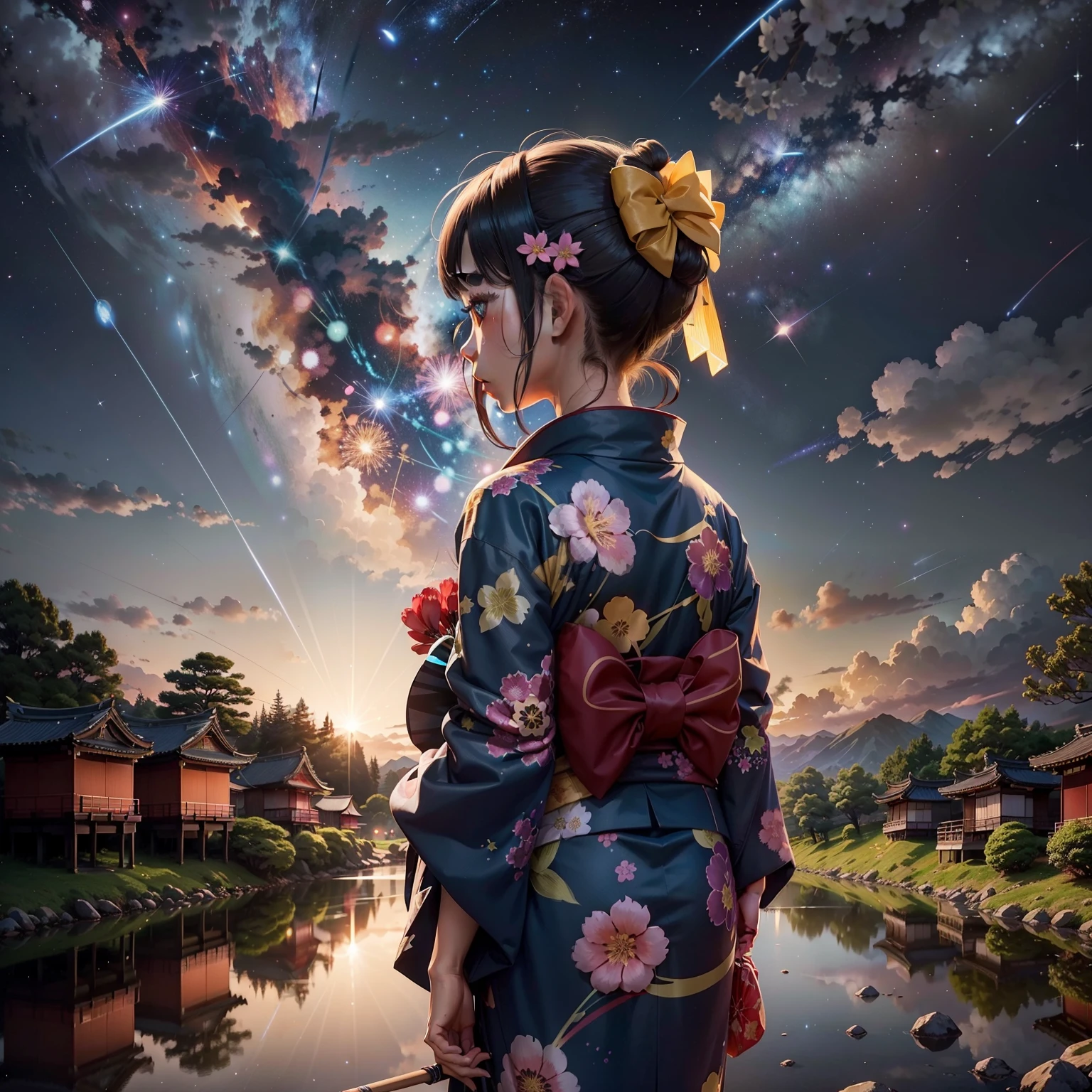 One, distant girl in kimono staring at the stars (reduced: 1.1), (meteor shower: 1.2), (comet: 1.1), your name, low angle, from behind, arrow labrealis shooting star, yukata, red kimono, cherry blossoms, highest quality standing in the field, masterpiece, clouds, colorful, starry sky, stars,