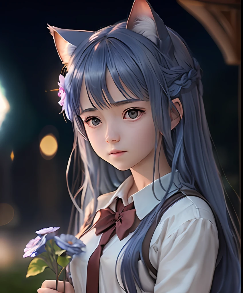 Movie Movie Still Nebula Wisdom Anime Style,
1girl in,Portrait,Looking at Viewer,Cat ears,Very long hair, School uniform, Outdoors,Blue hair,holding flowers,hair between eye, redeyes,Flower hair ornament, Sparkling eyes, Sky on Milky Way background, tree,mont,Floating hair,
. Shallow depth of field, Vignette, Highly detailed, High budget, Bokeh, Cinemascope, Moody, epicd, Gorgeous, Film grain, Grainy,