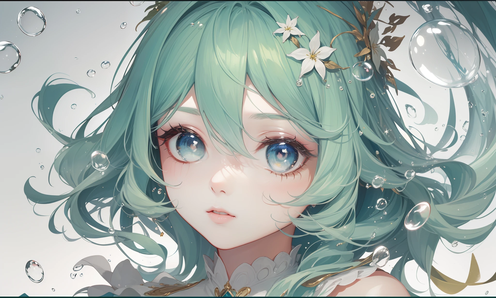 (masterpiece, top quality, best quality, official art, beautiful and aesthetic:1.2), extreme detailed, colorful,highest detailed, clean facial features, upper body, (detailed light), (an extremely delicate and beautiful), a girl, cute & girly, upper body, two legs, sexy clothes inspired by clear bubbles, (beautiful detailed eyes), stars in the eyes, (((lots_of_big_colorful_Bubble))), Iridescence, depth of field, bubbles around,
