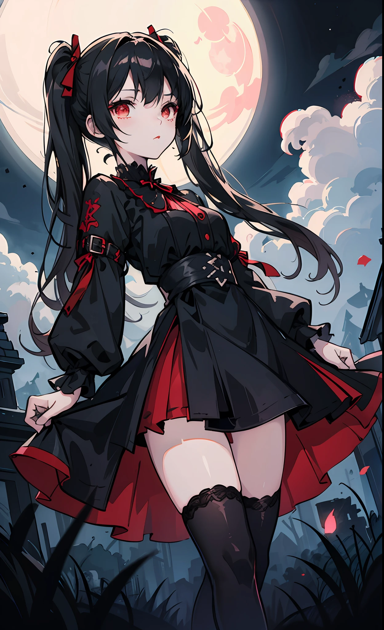 black hair red eyes illustration shader beautiful woman goth loli twin tails moonlit night