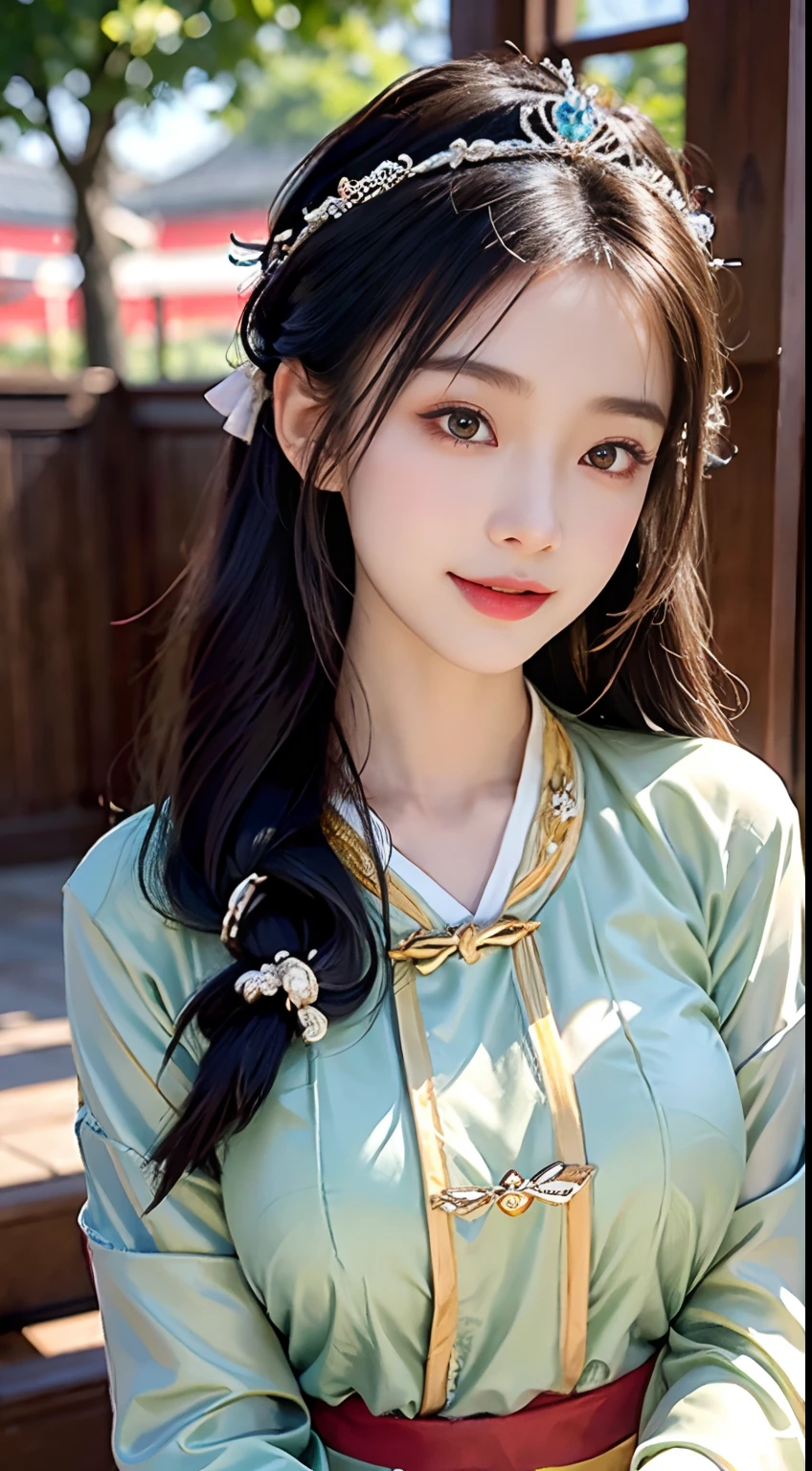 a big breast chinese girl, Cute face, cheerfulness, Long hair, Impressive hairstyle, wearing tiara,A pair of bright and reverent eyes,The eyebrows are slender and elegant,The slightly curved brow shape exudes confidence and charm。Her nose is small and three-dimensional,It matches the shape of her face perfectly。Her lips were rosy and plump,The corners of his slightly upturned mouth revealed a sweet smile,Chinese Hanfu, traditionalcostumes,wearing jewellery, 黑The eye, Above Knees,(The breasts are large but not exposed:1.1),(A high resolution:1.3),random hair style, Super fine face and eyes, Hit in a random pose,Anatomically normal,Dingdall effect,realisticlying,exterior,light edge,Two-tone lighting,(highdetailskin:1.2),8K,hyper HD,Slr,softlighting,high high quality,A high resolution,Background bokeh,(Hide your hands:1.3)(The hand is not in the shot:1.5)