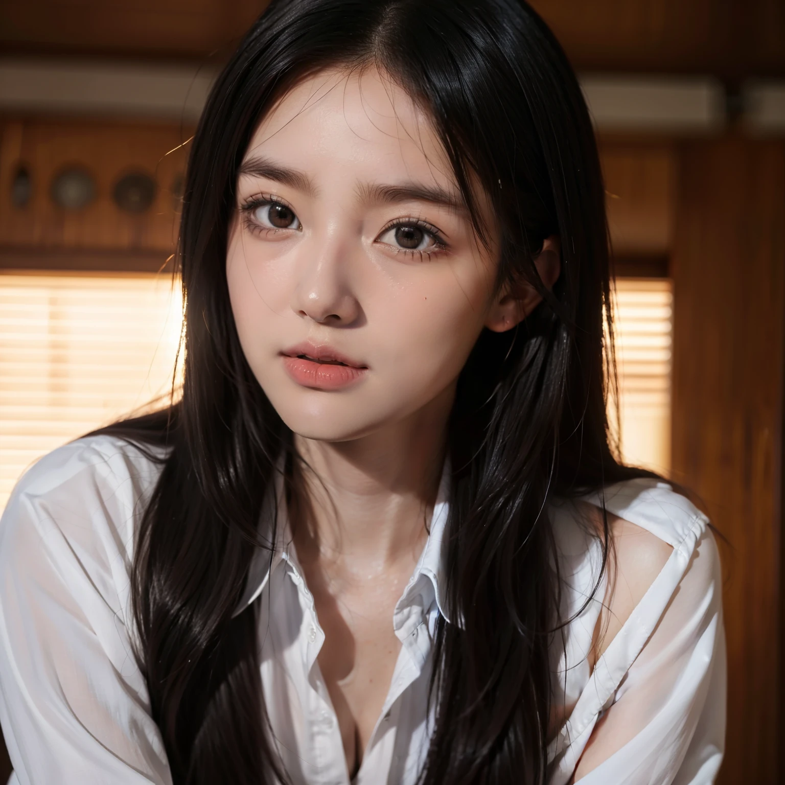 tmasterpiece,top-quality,offcial art,Highly detailed CG Unity 8K wallpapers,Like schoolgirls,very delicate beautiful,超A high resolution,(realisticlying:1.4),Golden hour lighting,(The upper part of the body),(Platinum shorthair:0.8),(puffy eye),looking at viewert,facingfront,ssmile,JK skirt,large bust,Clear bikini,Shirt boosts long black hair,(jiayi:1.5), closeup cleavage, tmasterpiece, best qualtiy, RAW photogr, realisticlying, the face, Incredibly Ridiculous res, depth of fields, A high resolution, ultra - detailed, finedetail, The is very detailed, Extremely detailed eyes and face, Sharp pupils, realistic pupil, tack sharp focus, cinmatic lighting,Full body photo