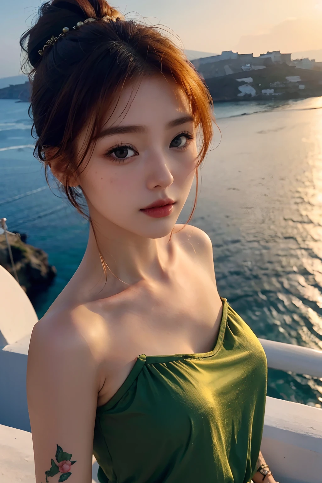 A young and beautiful、Cute and charming girl，Comb your ginger hair in a ginger bun，Wear glamorous makeup，Watch the sunset in Santorini, Greece。looks into camera，bust，realisticlying，超高分辨率，camisole，Tattooed