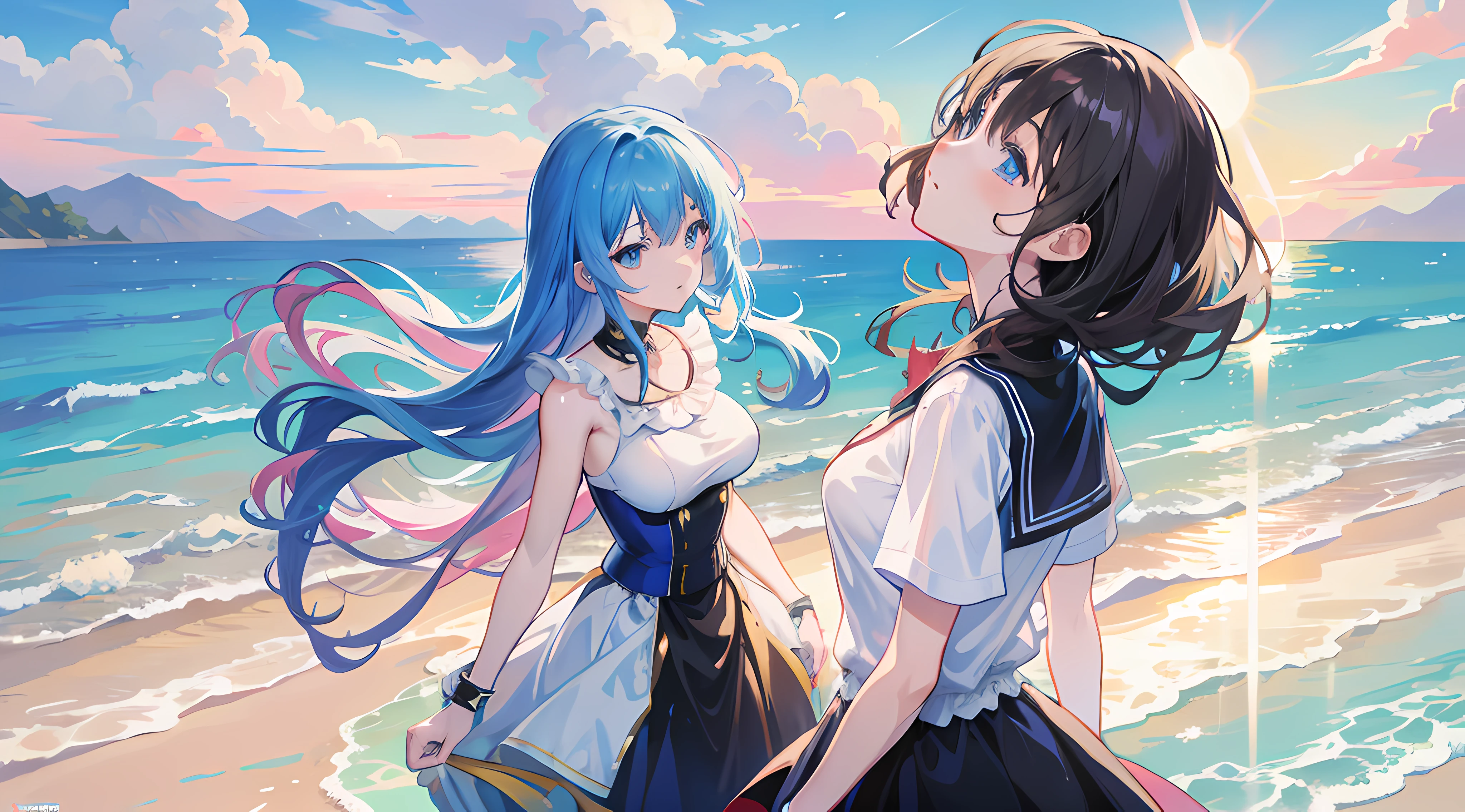 The sun shines through the sea，Anime girl standing on beach another girl looking at blue sky ，style of anime4 K, Anime art wallpaper 8 K, Anime art wallpaper 4 K, Anime art wallpaper 4K, 4K anime wallpaper, Anime wallpaper 4K, Anime wallpaper 4 k, Beautiful anime artwork, Wallpaper anime azure waters , Beautiful anime art, anime big breast! 4K art wallpaper