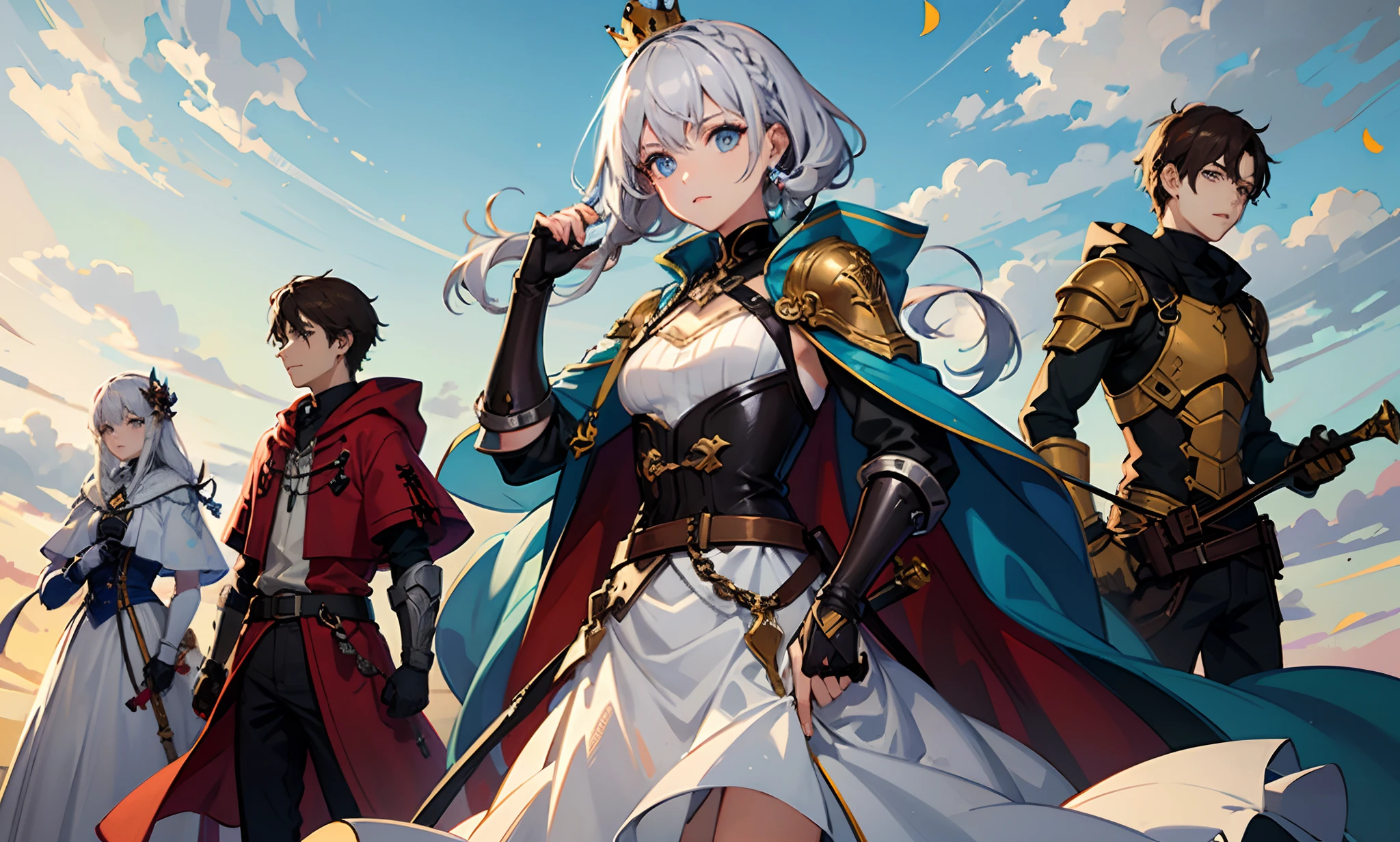 (masterpiece, top quality, best quality, official art, beautiful and aesthetic:1.2),weapon, sword, holding, multiple girls, blue eyes, long hair, looking at viewer, armor, fingerless gloves, holding weapon, gloves, holding sword, standing, hair ornament, bangs, multiple boys, capelet, 6+girls, braid, dress, black gloves, own hands together, serious, glowing, closed mouth, backlighting, long sleeves, shoulder armor, short hair, hair flower, floating hair, white hair, flower, white dress, belt, robe, hair between eyes, crown braid, 6+boys, brown hair, gauntlets, jewelry, pauldrons, hands on hilt, hood, two-handed, wide sleeves, light particles
