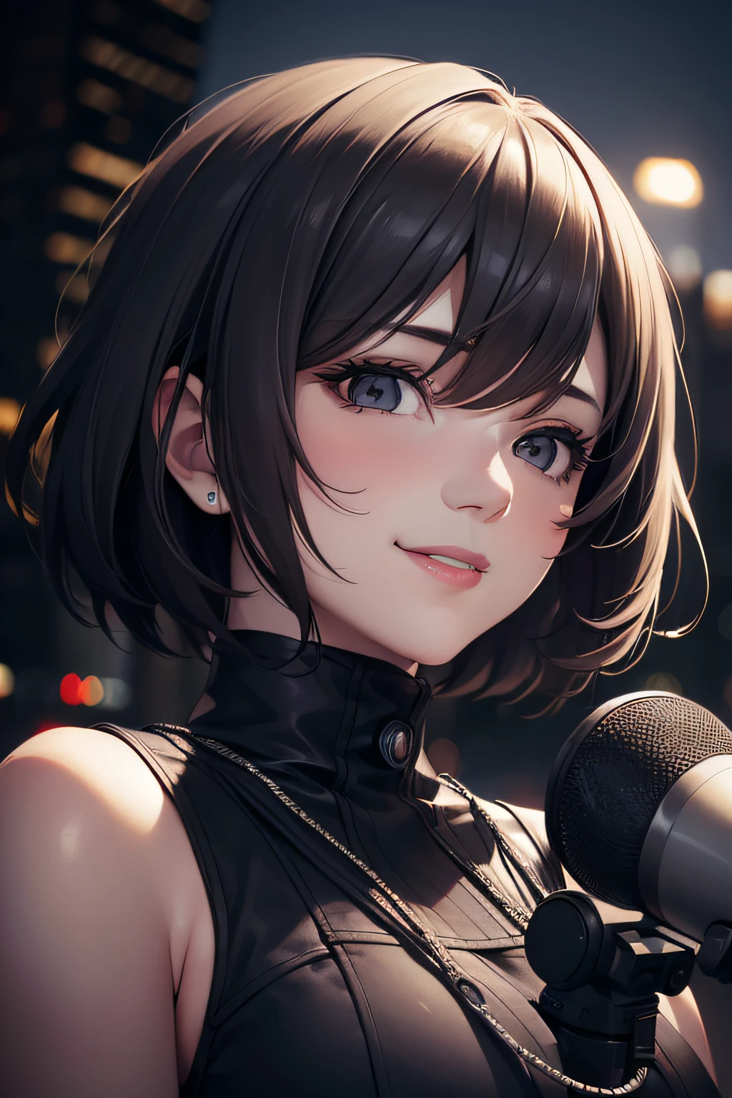 Smiling Woman, master piece, Best Quality, Raw photo, Short hair, Light gray eyes, Eyes and faces with detailed, Bust Shot Portrait, Cinematic lighting, Brim lighting, ( Dark, Night, A city scape, Blurred background), Bokeh, deep shadow, lowkey, Megaphone Speaker