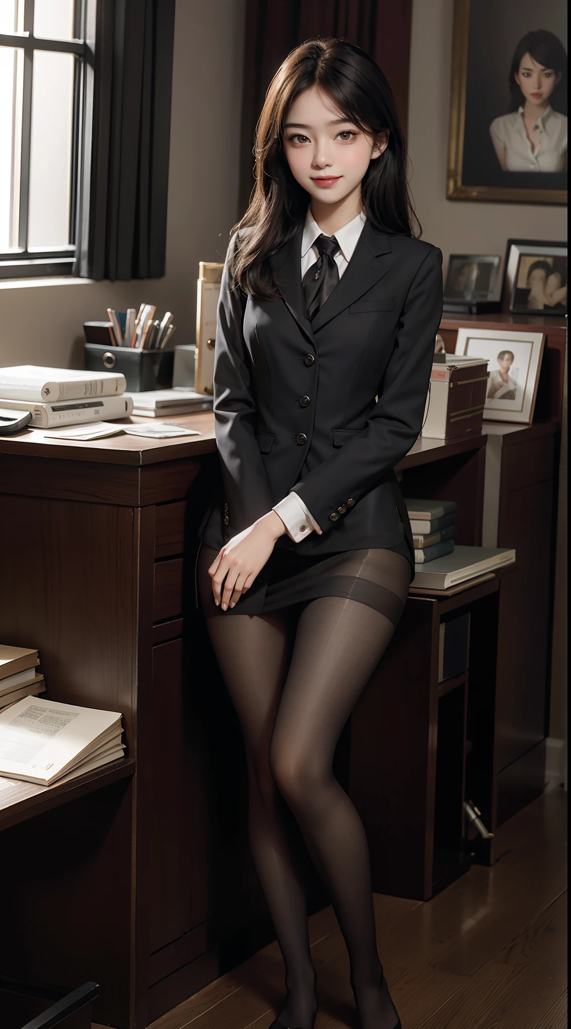 Best Quality, Full Body Portrait, Cinematic Texture Shots, Delicate Face, Beautiful Face, 20 Year Old Woman, Smile, Slim Figure, Small Bust, OL Uniform, Black Office Wear, (White Pantyhose), (No Panties), Interior Scene, Office, Seated