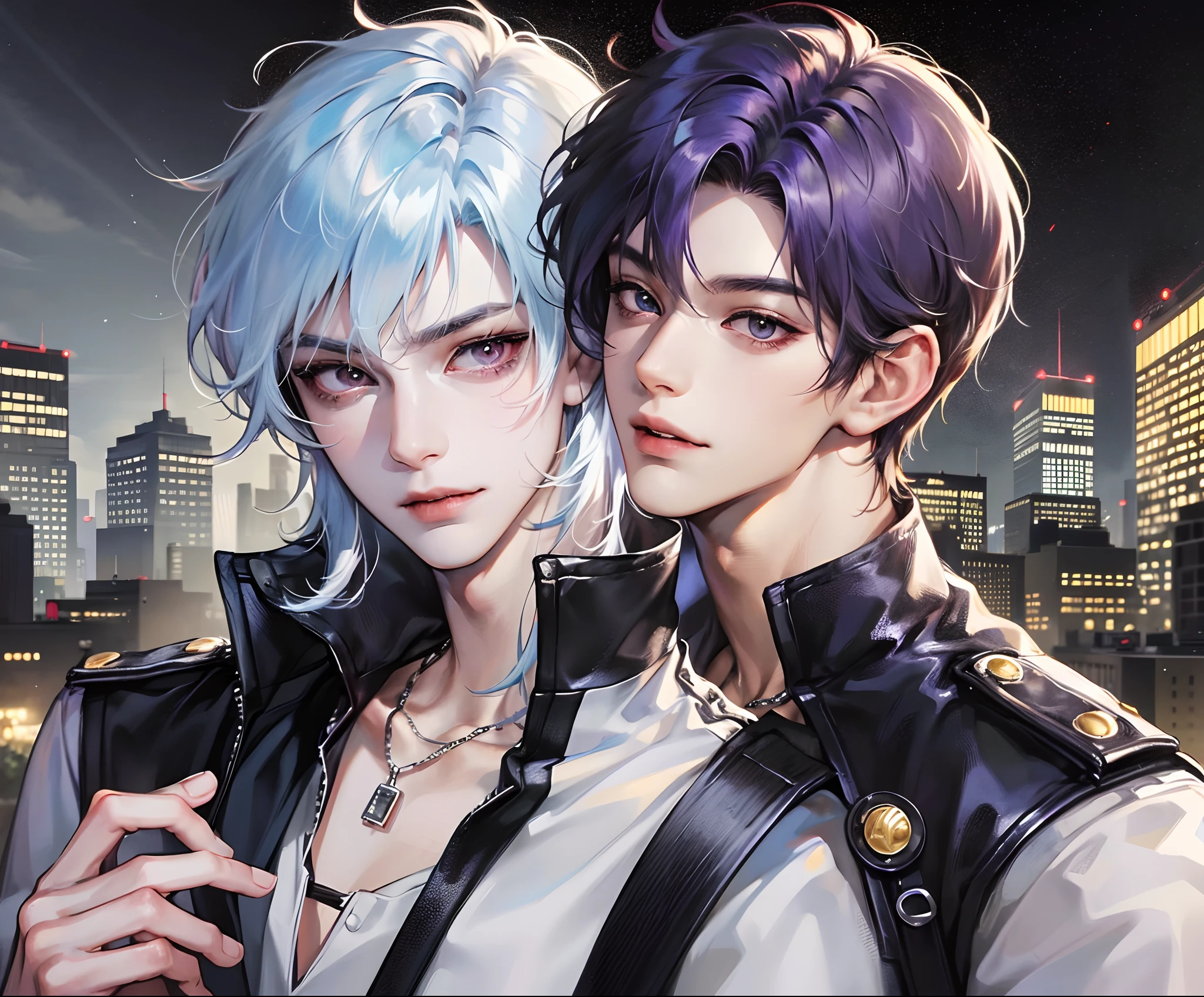 masterpiece, top-quality, 2Others, Male couple, 1 man and 1,, Adults, Height difference, different fashion, different color, finely eye and detailed face, intricate detailes, Casual clothing, Oversized shirt, Modern urban streets, A smile, Happiness, tenderness, queers, high-level image quality、 Two beautiful men、tall、The upper part of the body、nightfall、nighttime scene、𝓡𝓸𝓶𝓪𝓷𝓽𝓲𝓬、Korean Male, Idol Photos, k pop, Professional Photos, Vampires, Korean fashion in black and white, Fedoman with necklace, inspired by Sim Sa-jeong, androgynous vampire, :9 detailed face: 8, extra detailed face, detailed punk hair, ((eyes are brown)) baggy eyes, Seductive. Highly detailed, semi realistic anime, Vampires, hyperrealistic , delicate androgynous prince, imvu, short hair above the ears, Man with short hair, Purple-haired man with a glaring expression and a man with light blue hair with a gentle expression, With a short-haired man with bright purple hair, Man with light blue hair