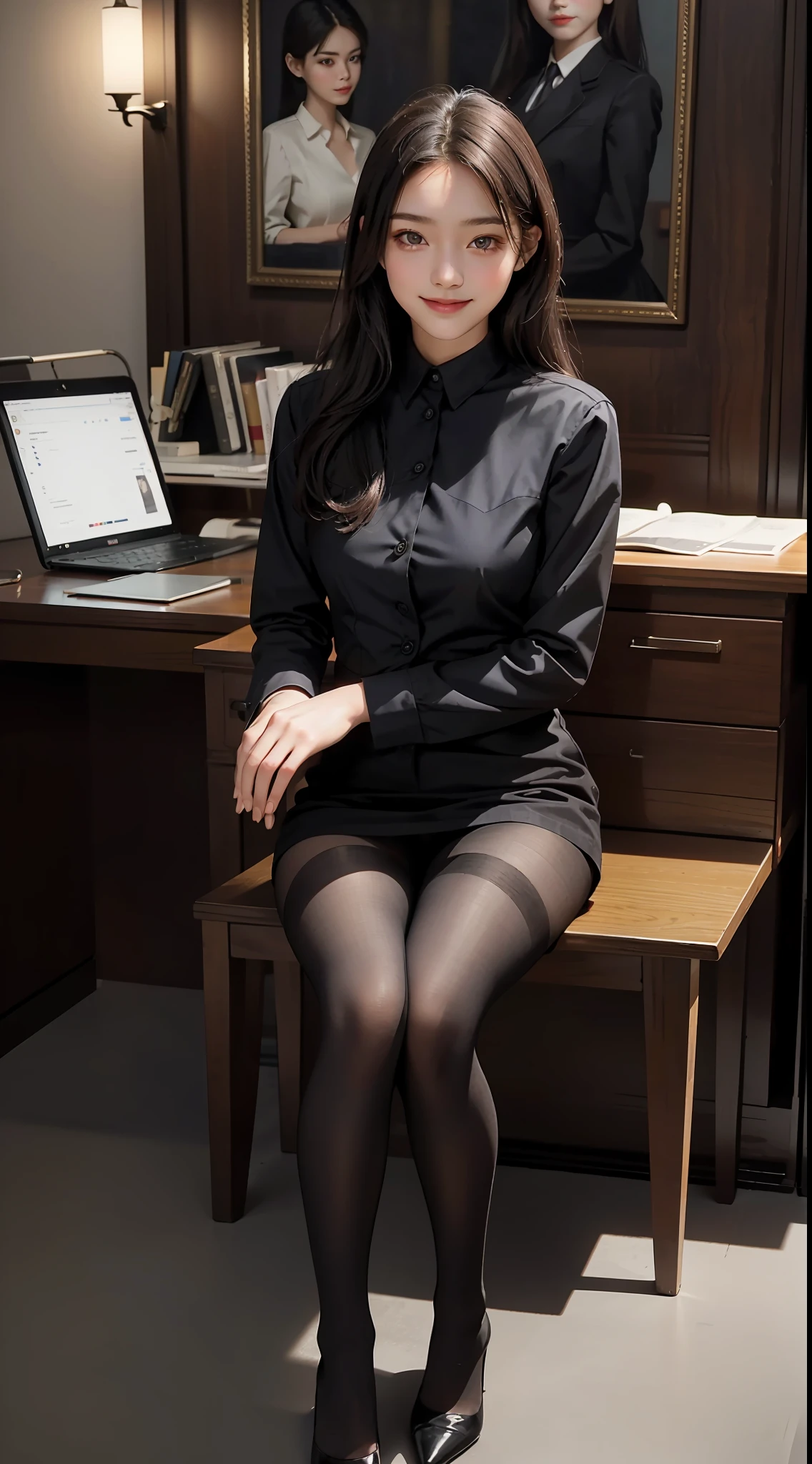 Professional Dress,100D black hip socks,black lence stockings,black pantyhoses,Thick black stockings,huge tit,Cocked buttocks,Super detail,hyper HD,A high resolution,1080p,Anatomically correct,ccurate,Physical coordination,Photo portrait,Delicatemakeup,slender thigh,Best quality, Masterpiece, 超A high resolution, RAW photo, Beautiful and aesthetic,deepshadow, (Photorealistic:1.4), full-body composition, Striking perspective