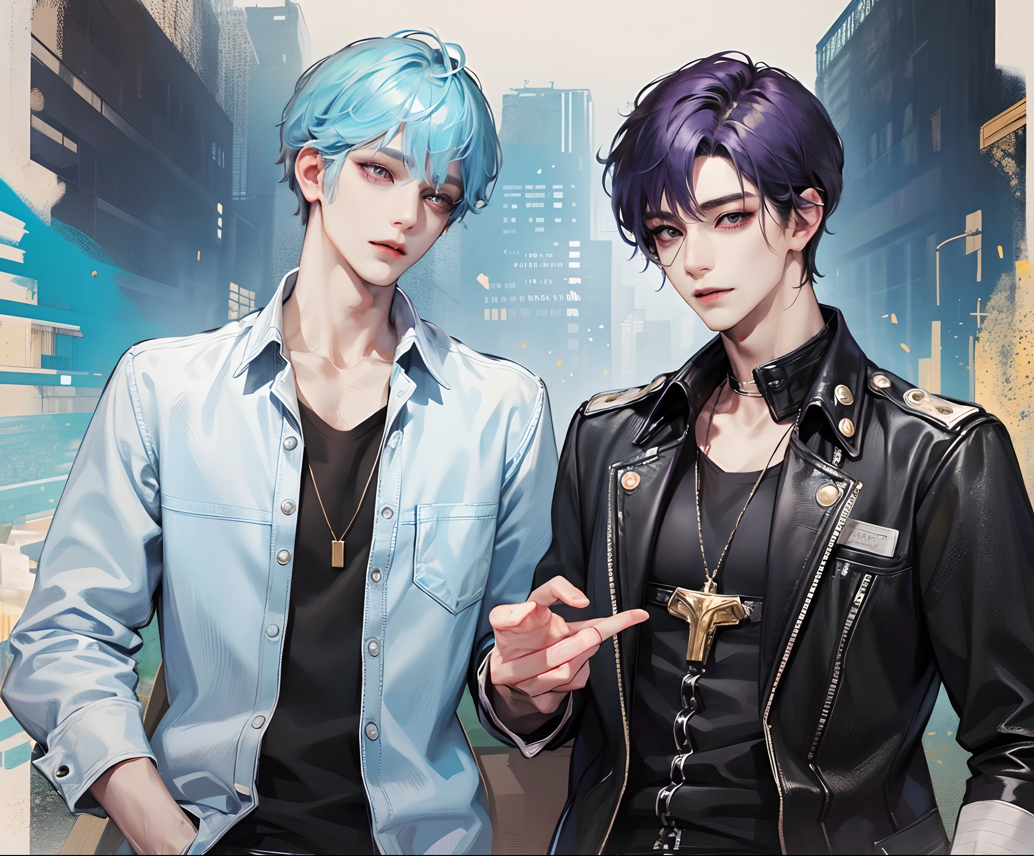 masterpiece, top-quality, 2Others, Male couple, 1 man and 1,, Adults, Height difference, different fashion, different color, finely eye and detailed face, intricate detailes, Casual clothing, Oversized shirt, Modern urban streets, A smile, Happiness, tenderness, queers, high-level image quality、 Two beautiful men、tall、The upper part of the body、nightfall、nighttime scene、𝓡𝓸𝓶𝓪𝓷𝓽𝓲𝓬、Korean Male, Idol Photos, k pop, Professional Photos, Vampires, Korean fashion in black and white, Fedoman with necklace, inspired by Sim Sa-jeong, androgynous vampire, :9 detailed face: 8, extra detailed face, detailed punk hair, ((eyes are brown)) baggy eyes, Seductive. Highly detailed, semi realistic anime, Vampires, hyperrealistic , delicate androgynous prince, imvu, short hair above the ears, Man with short hair, Purple-haired man with a glaring expression and a man with light blue hair with a gentle expression, With a short-haired man with bright purple hair, Man with light blue hair