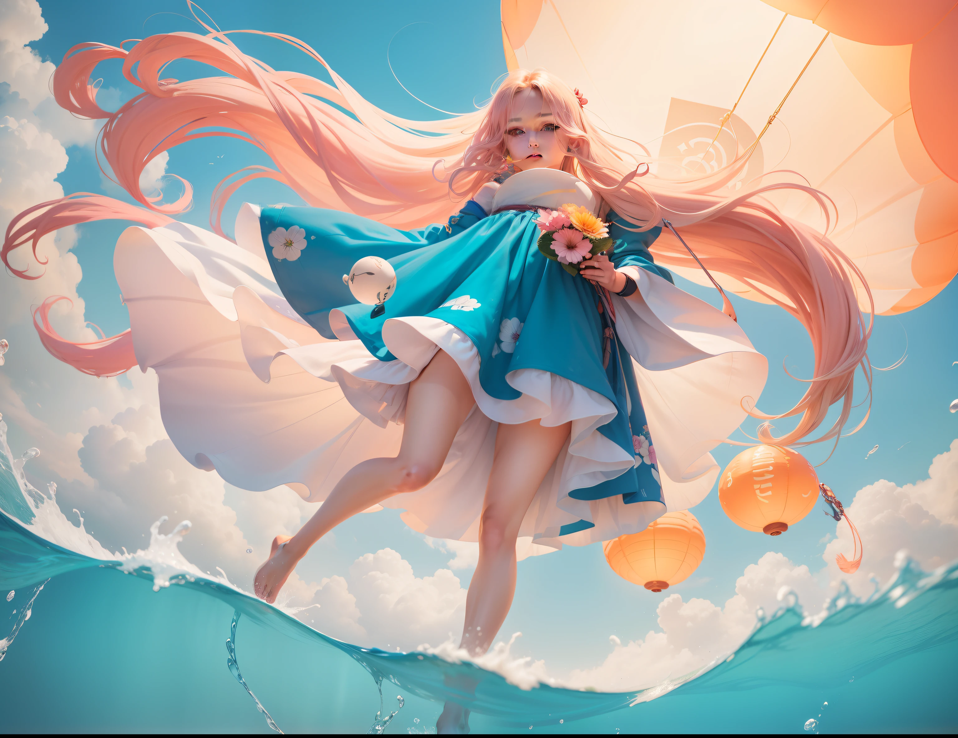 long shot of cute lady, looking at the camera viewed from below, with wavy long blonde hair, parachuting down holding a giant Chinese lantern floating down form a sunny summer day sky to watch the pink sunset, as she lightly touches down in the shallow clear blue foamy surf of an otherwise alien seashore, showing the sandy beach, and toes in the sand and surf, 28k resolution hyper-detailed, photorealistic Kurosawa.