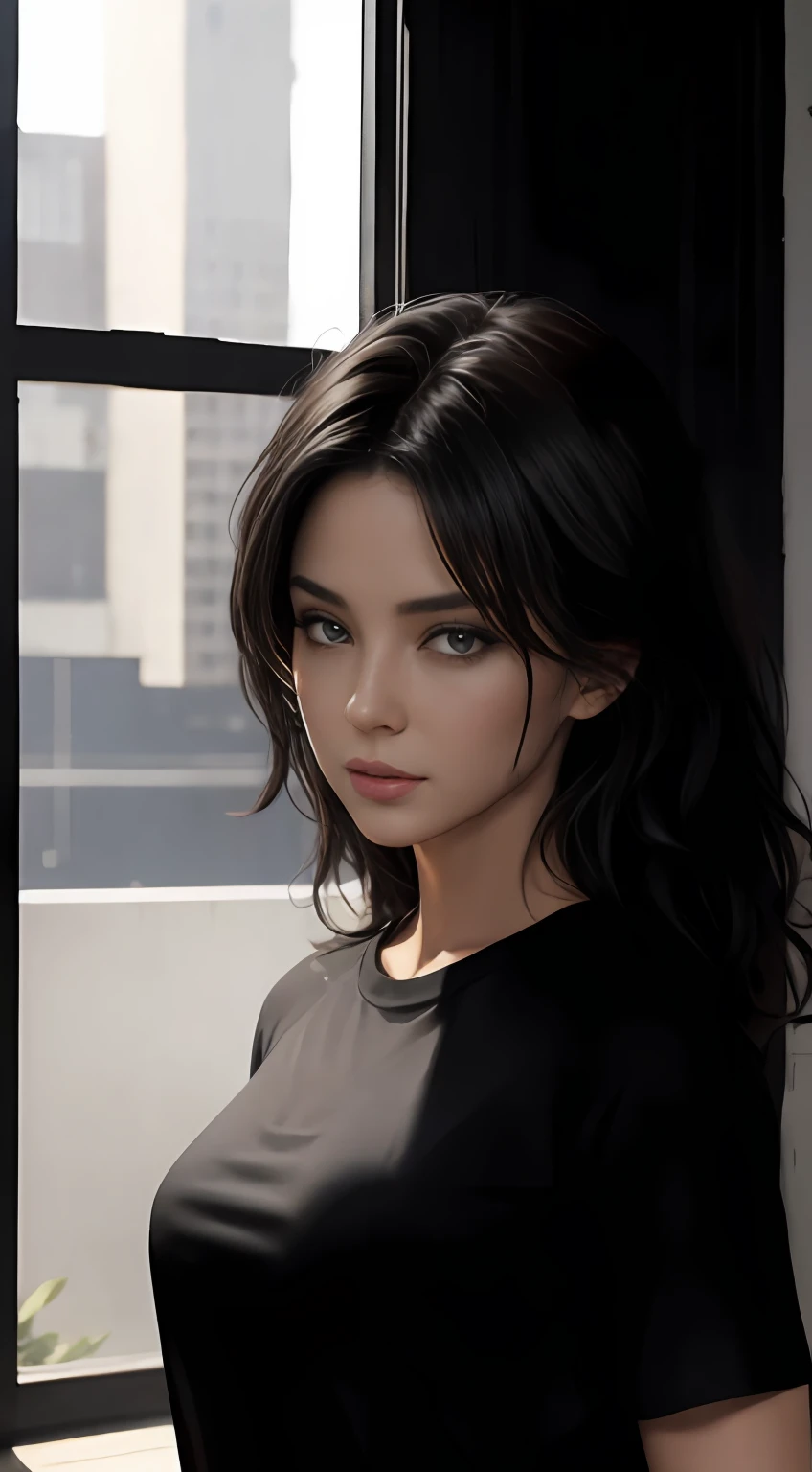 ``a girl  (25yrs) black shirt with a cat stamp, is posing for a picture ,(black choppy hair), photorealism, computer graphics, Artgerm,  digital art