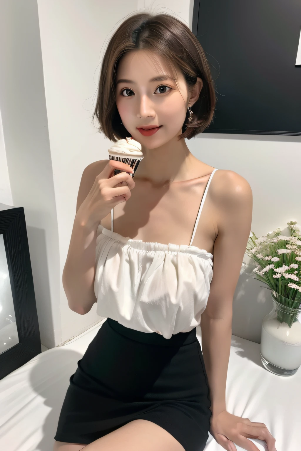 （8k，RAW photos，best qualtiy，tmasterpiece：1.2），（realisticlying，realisticlying：1.37），ultra - detailed，1个Giant Breast Girl，big breasts beautiful，byself，coffeehouse，sitted，（Shang Chong laughed），（ssmile：1.2），mediuml breasts，beatiful detailed eyes，brown  hair，Smart white professional outfit，Black hip skirt，Short hair 1.2，taking big ice cream，