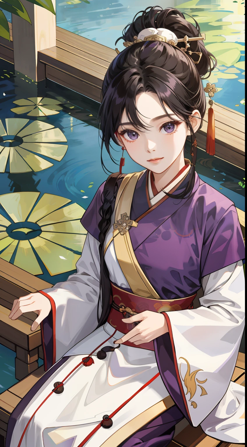 Superb masterpiece, 1girll，Hair up, Fair skin, Hanfu for girls, Black hair, Girl, Black eyes, Brown-purple Han dynasty clothing, coalescence, Super clear, face retouch, Pond background, looking at viewert，Sit on the hall sofa