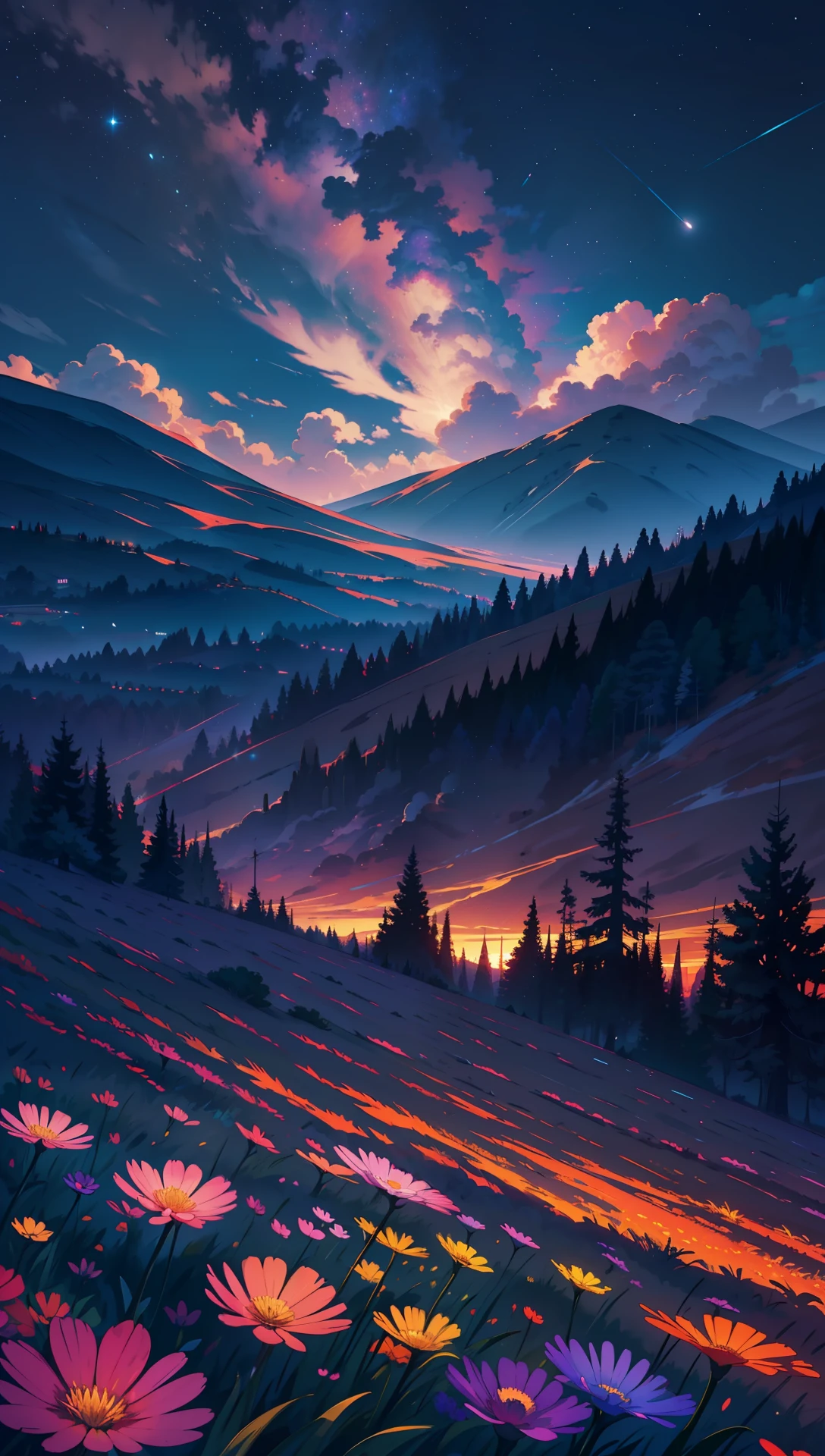A wide landscape photo, (viewed from below, the sky is above, and the open field is below), a girl standing on a flower field looking up, (full moon: 1.2), (meteor: 0.9), (nebula: 1.3), distant mountains , Trees BREAK Crafting Art, (Warm Light: 1.2), (Firefly: 1.2), Lights, Lots of Purple and Orange, Intricate Details, Volumetric Lighting BREAK (Masterpiece: 1.2), (Best Quality), 4k, Ultra Detailed, (Dynamic Composition: 1.4), Rich in Detail and Color, (Rainbow Color: 1.2), (Glow, Atmospheric Lighting), Dreamy, Magical, (Solo: 1.2)