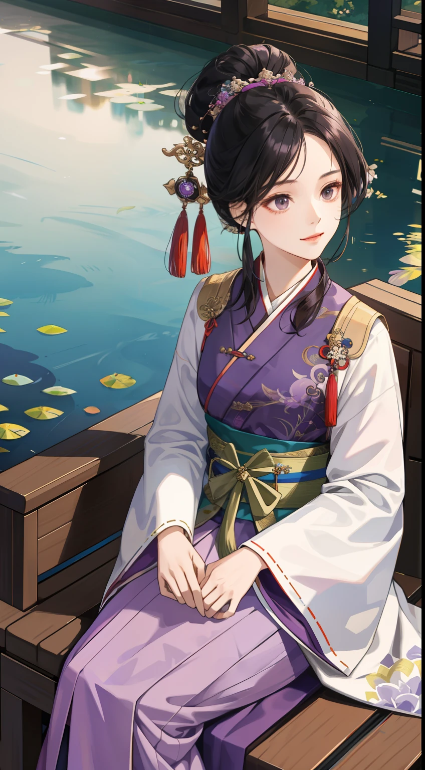 Superb masterpiece, 1girll,Hair up, Fair skin, Hanfu for girls, Black hair, Girl, Black eyes, Brown-purple Han dynasty clothing, coalescence, Super clear, face retouch, Pond background, looking at viewert,Sit on the hall sofa