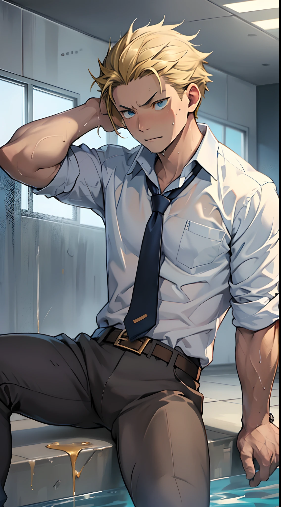 (1 Adult male),A high resolution, Sharp focus, Pixiv masterpiece, ((Complicated details)), highly detailed, natsuki_subaru, 1 man,perfect male figure,Urine on the trouser leg, Nervously bow your head,is shy,embarressed,exhilarated,is shocked,panicking,worry,A pool of urine formed around him,Very eager to pee,Unbearable,Wet yourself,Urine discharge,full bodyesbian,sit astride,Tired,decadent, blue color eyes(eyes glowing), Short yellow hair,white shirt,Wear a tie,Wear a belt,trousers,perspire,Drenched,Get wet,pissing,urine flows down the pants,look from down