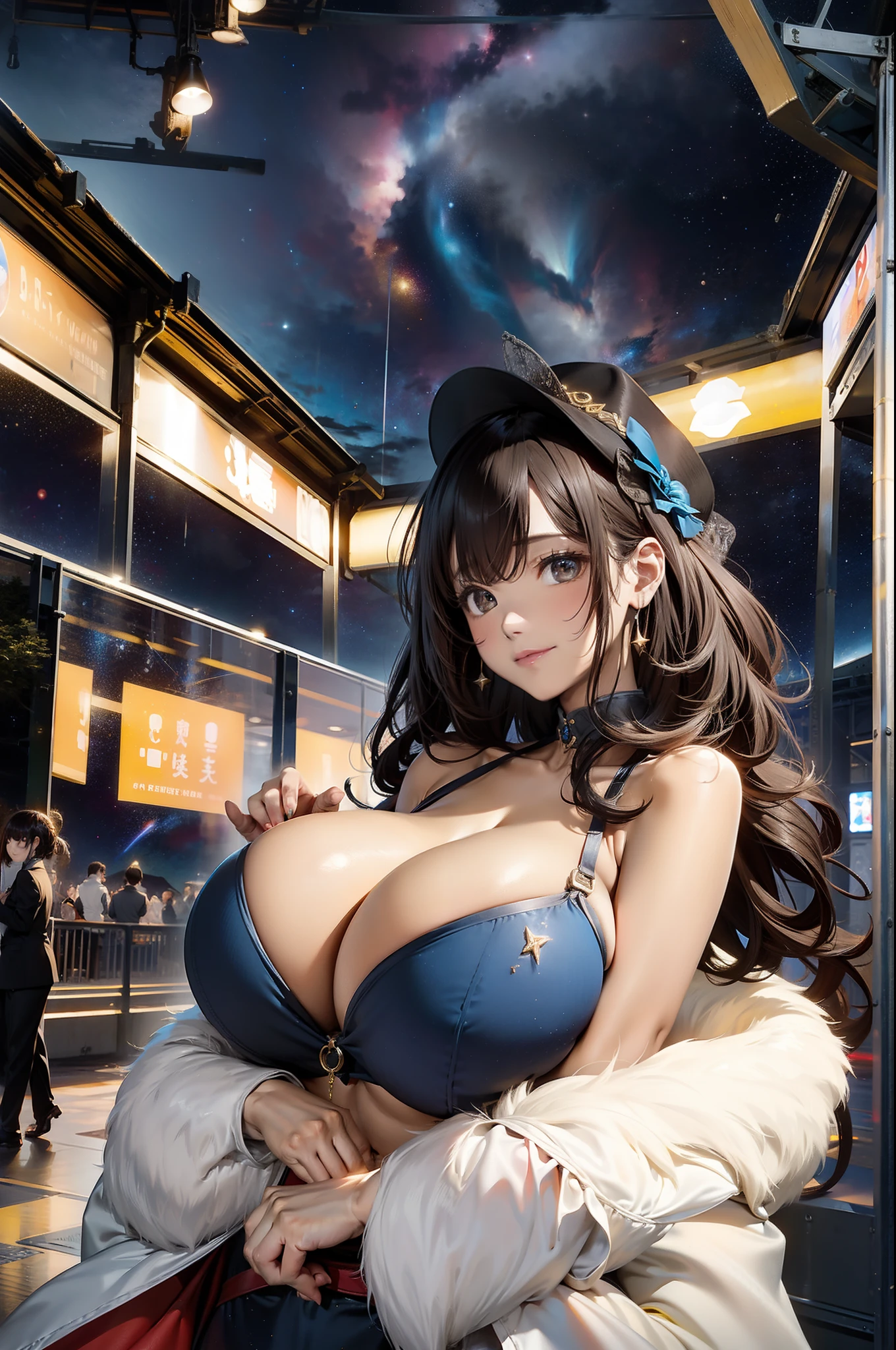 high detal,hyper-detailing,超高分辨率,Girls enjoying time in fantastic galaxy,Surrounded by stars,Warm light shines on her,The background is a starry sky with colorful galaxies and galactic clouds,Stars flew around her,Added a playful vibe,gigantic cleavage breasts,Colossal tits,The groove exposes the original skin