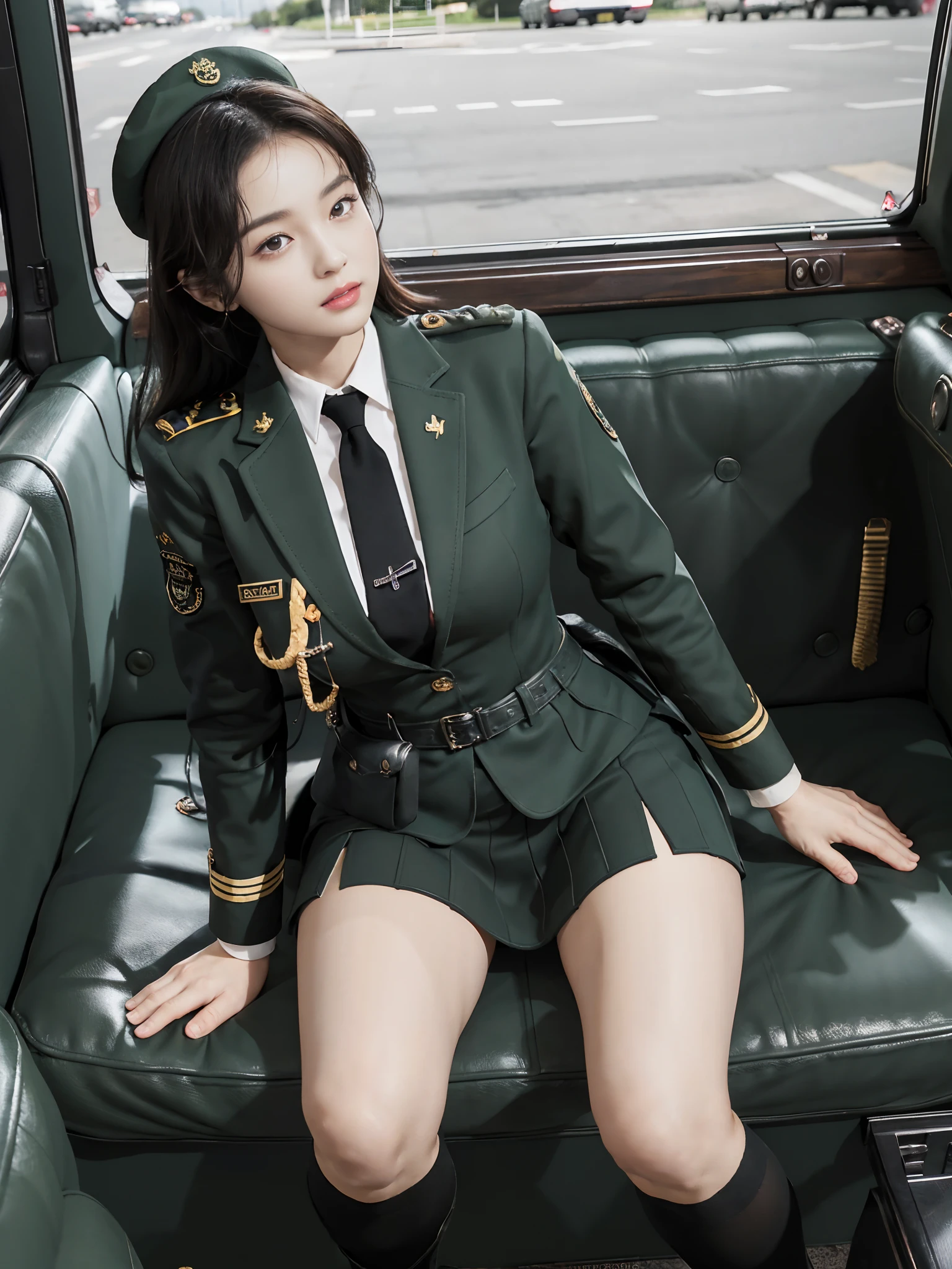 Very detailed CG unity 8K wallpaper，（tmasterpiece），（best qualtiy），（ultra - detailed），（Ultra photo realsisim），（best character detail：1.36），Nikon D750 f / 1.4 55mm，profesional lighting， physically-based renderingt, 1girll, Female soldier，army suit，Green military uniform，Fabric texture military uniform，Dark green tie，Army green skirt，military hat，Black hair，the golden ratio,[:(com rosto detalhado:1.2):0.2]:,PureErosFace_V1, broad shoulder,(Bigchest:1.5),(big assa:1.5)，Wide buttock ，Bare legged，Plump legs，Move the center of gravity back，Squat on the grass，Spread your legs apart，The skirt covers the bottom of the skirt，whitestocking，without wearing shoes，hands lying on thighs，Soaked with sweat，red flags，At the cafe，Night Street，bright sun，Look at the audience from the front，Bright smile，White teeth，lighting，Contre-Jour，