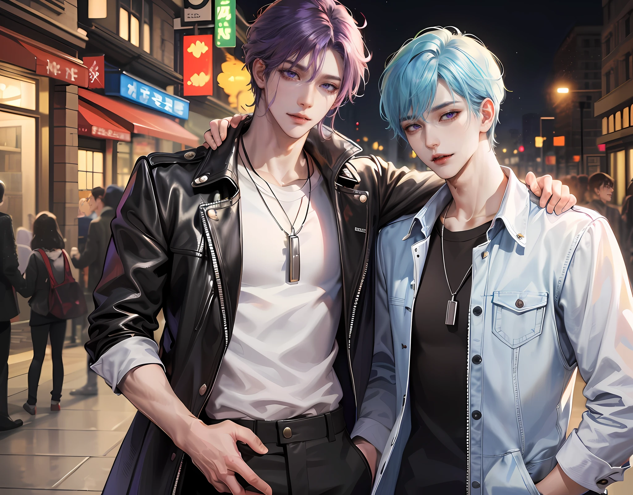 ​masterpiece, top-quality, 2Others, Male couple, 1 man and 1,, Adults, Height difference, different fashion, different color, finely eye and detailed face, intricate detailes, Casual clothing, Oversized shirt, Modern urban streets, A smile, Happiness, tenderness, queers, high-level image quality、 Two beautiful men、tall、The upper part of the body、nightfall、nighttime scene、𝓡𝓸𝓶𝓪𝓷𝓽𝓲𝓬、Korean Male, Idol Photos, k pop, Professional Photos, Vampires, Korean fashion in black and white, Fedoman with necklace, inspired by Sim Sa-jeong, androgynous vampire, :9 detailed face: 8, extra detailed face, detailed punk hair, ((eyes are brown)) baggy eyes, Seductive. Highly detailed, semi realistic anime, Vampires, hyperrealistic teen, delicate androgynous prince, imvu, short hair above the ears, Man with short hair, Purple-haired man with a glaring expression and a man with light blue hair with a gentle expression, With a short-haired man with bright purple hair, Man with light blue hair