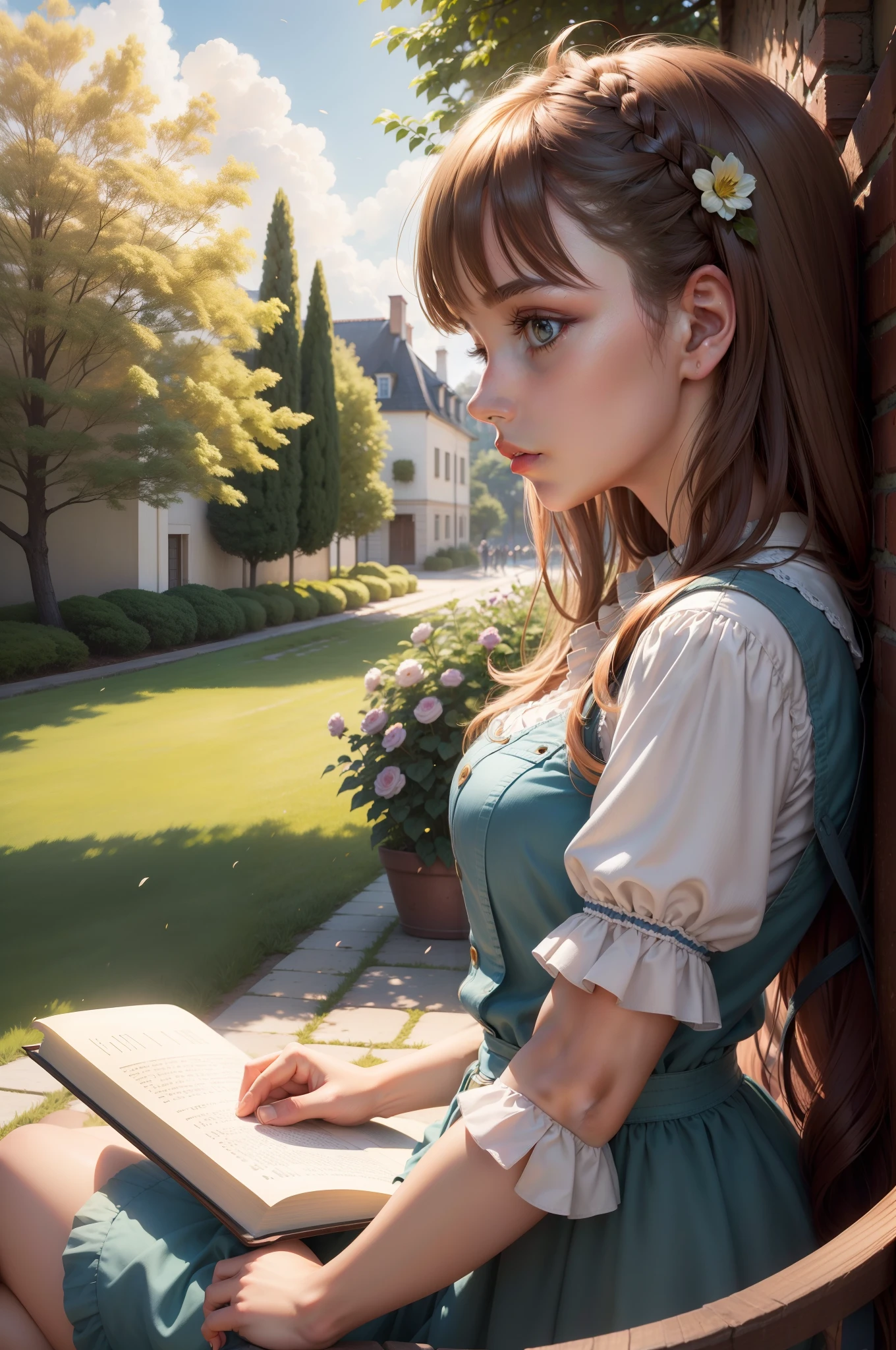 1beatiful girl, profile,Read in the garden,lendo livros,The warm sun shines on her,The wind blows the skirt flying,in a panoramic view,large scene,Detailed description of the landscape,Realisticstyle,realisticlying,film effect,the detail(tmasterpiece,best qualtiy,realisticlying,A high resolution:1.4,Large range of scenes,The girl was staring at the book,