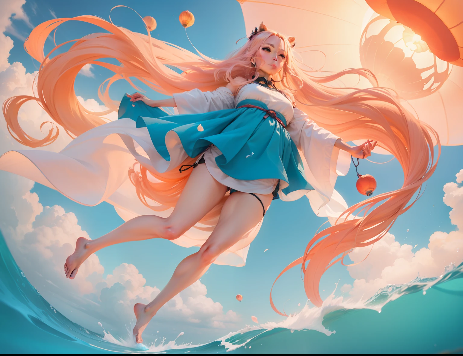 long shot of cute lady, looking at the camera viewed from below, with wavy long blonde hair, parachuting down holding a giant Chinese lantern floating down form a sunny summer day sky to watch the pink sunset, as she lightly touches down in the shallow clear blue foamy surf of an otherwise alien seashore, showing the sandy beach, and toes in the sand and surf, 28k resolution hyper-detailed, photorealistic Kurosawa.