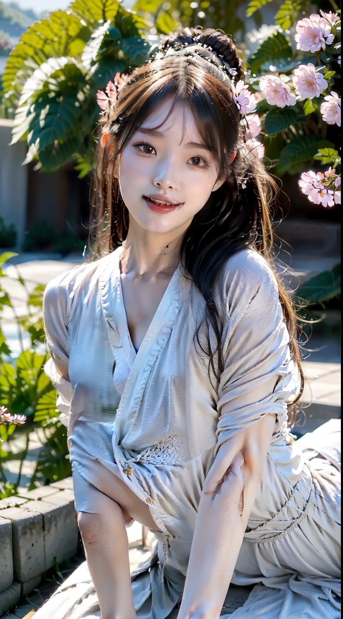 masterpiece, best quality, highres, ultra high res,real, photorealistic,1 female,morning,natural lighting,looking at viewer,outdoor,full body,hair ornament,smile,lying on ground,chinese clothes style,tshirt,pleated skirt,forest,cherry blossom tree,normal body shape,oval face,high ponytail,long hair,details eyes,lipstick,huge breasts,medium waist,slim thighs,barefoot