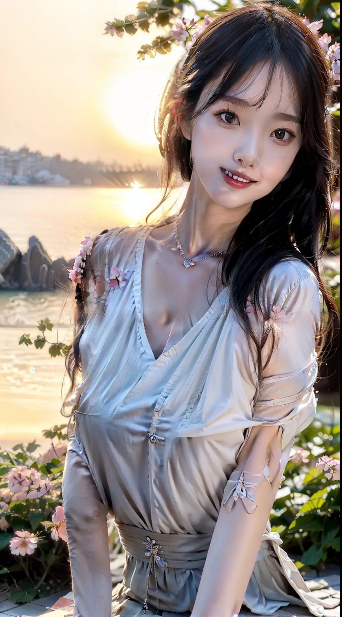 masterpiece, best quality, highres, ultra high res,real, photorealistic,1 female,morning,natural lighting,looking at viewer,outdoor,full body,hair ornament,smile,lying on ground,chinese clothes style,tshirt,pleated skirt,forest,cherry blossom tree,normal body shape,oval face,high ponytail,long hair,details eyes,lipstick,huge breasts,medium waist,slim thighs,barefoot
