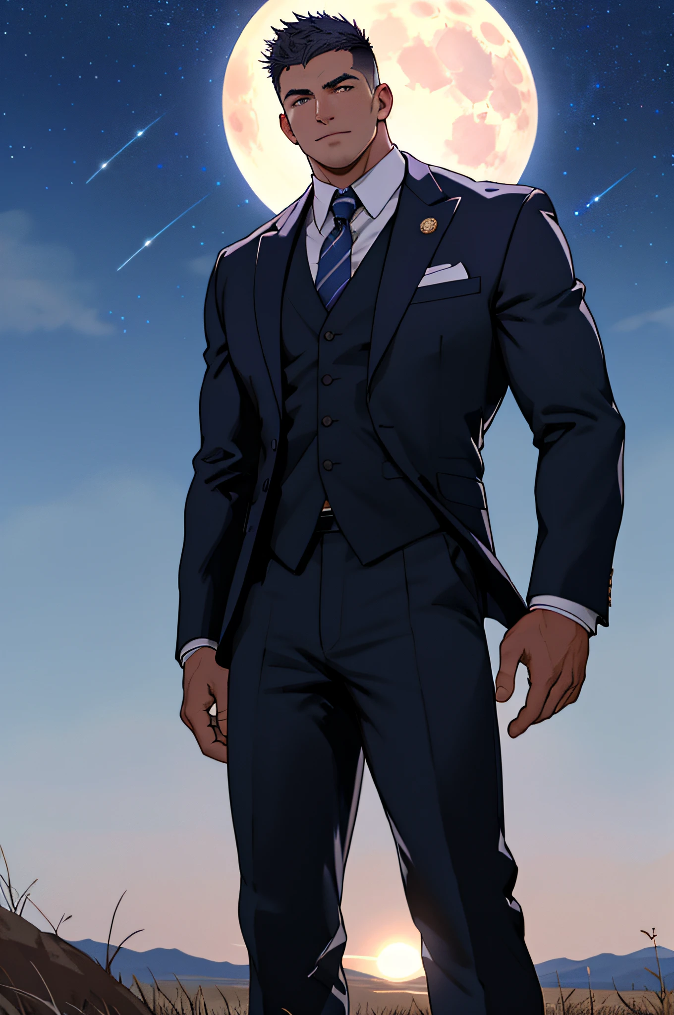 Draw a full-fledged footballer,Standing on the steppe at night,He wears a fancy suit,The man looks confident and determined,looking-down,Crew cut,full bodyesbian,Stars dot the sky,shooting from below,Big moon highlights background