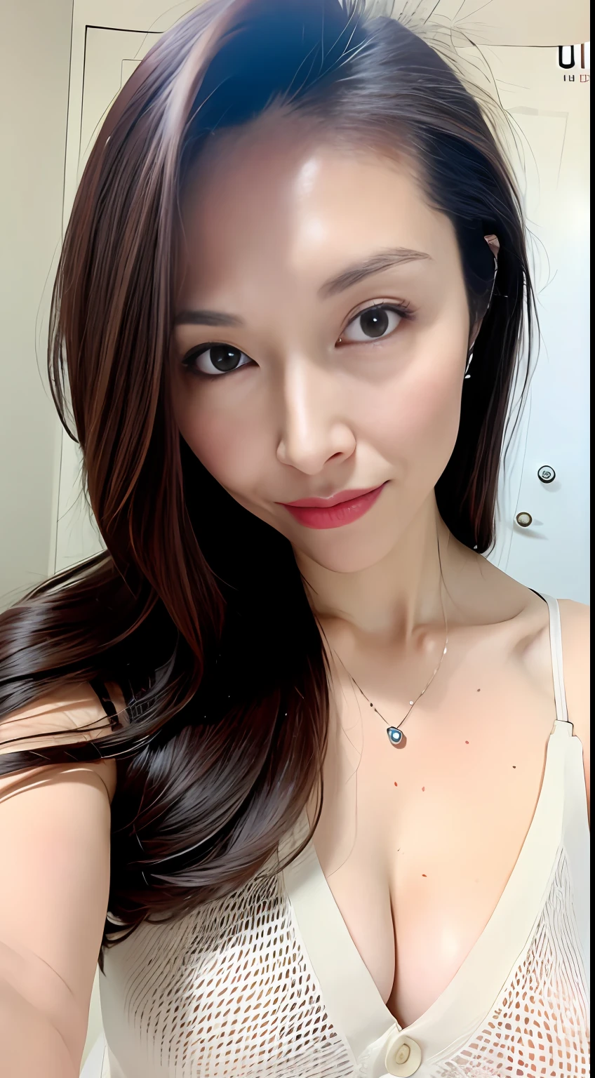 (Best quality, 8k, 32k, Masterpiece, UHD:1.2),Photo of Pretty woman, large breasts, upper body,face focus,oversized_sweater, necklace, simple background, from above, looking at viewer, (nsfw:1.5), (:1.1)