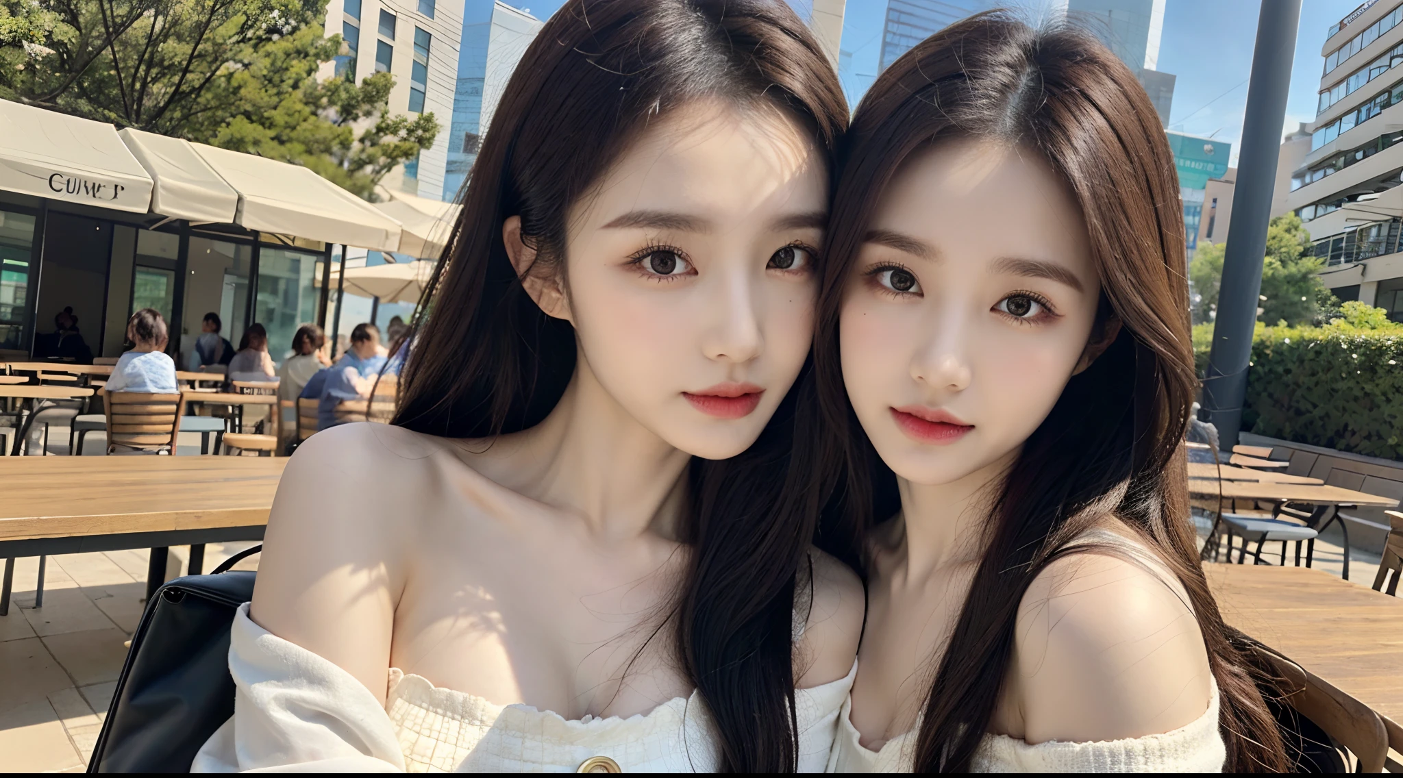 (High-resolution 8K raw photos are realistic,best qualtiy)，Fashion trendy beautiful and charming woman，gentle and charming Chinese beautiful woman，Korea,Kpop idol，delicate and sexy collarbones，charming oval face，二重まぶた，Ingenious[peaches]flower eyes，redish pink lips，small-nose，exposed bare shoulders，focus at face，closeup of face，Hyper-detailing，Blue off-the-shoulder long-sleeved top，White hip wrapped skirt，Light red hair，(cleavage，A half body，Close-up，Solo)，Lace，lacing，head gear， Fresh and impressive， natural color，(pedestrian street，cbd,rays of sunshine，outside，Stone table，LV shoulder bag for women，cellular phone)，Front light