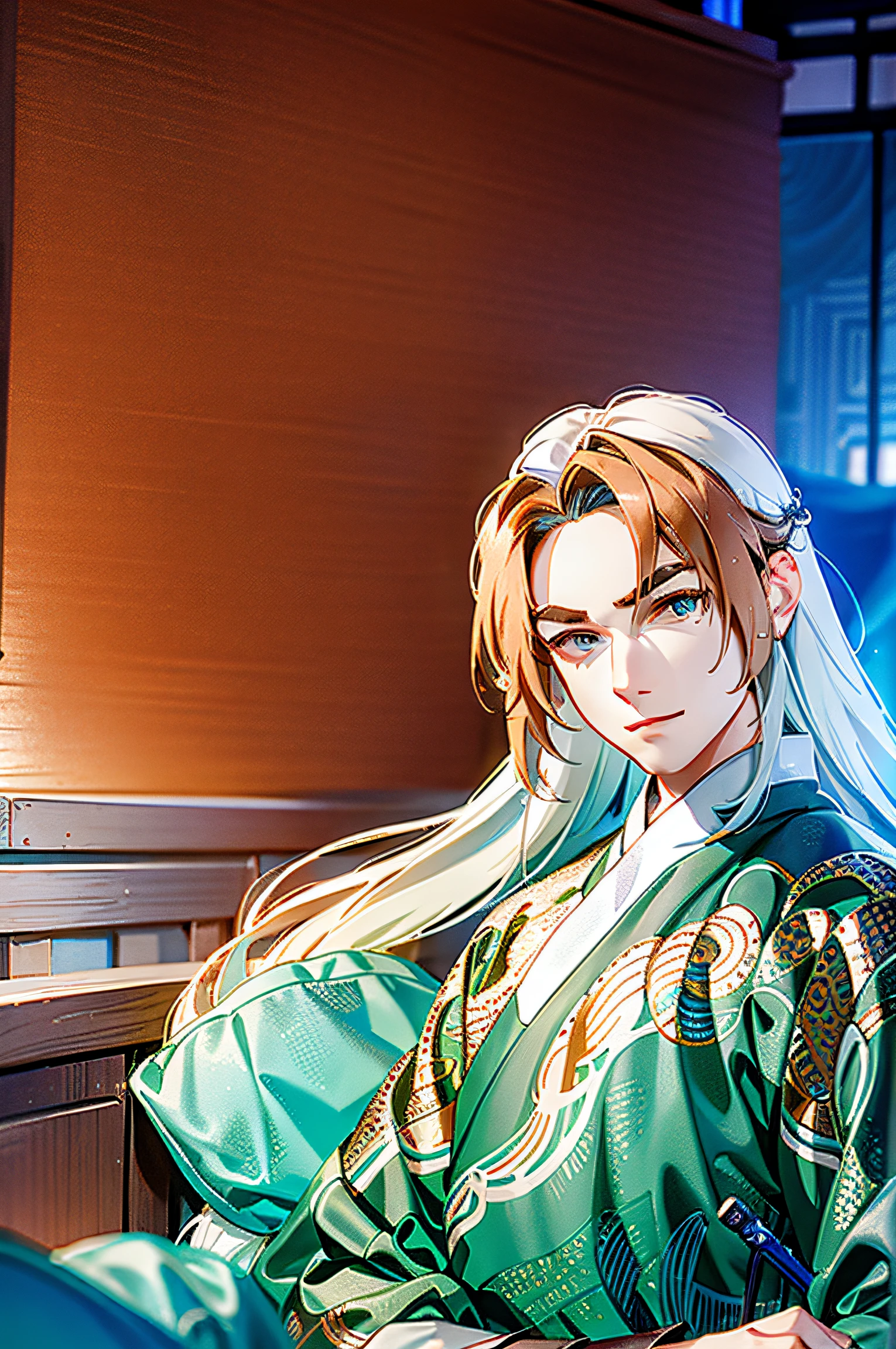 Blue Hanfu tunic，Green mini corner，long  white hair，Libido boy，Thick brown eyebrows，largeeyes，Two-dimensional style， close up character, character art closeup, Close-up of people, Inspired by Lan Ying, Stylized art, Avatar image, character portrait closeup,