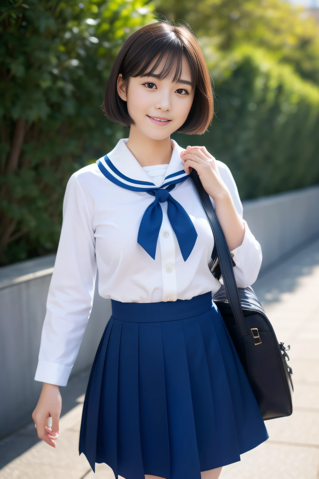 (​masterpiece, top-quality, Hi-Res), A Japanese Lady,Late teens、 1girl in, Idol cuteness:1.5, Beautiful face:1.5、bob、Dark brown hair、 Smile embarrassedly、Sense of cleanliness、Girls' High School Uniform, Carrying a student bag、独奏, Blue sailor color, Sailor collar, serafuku, a blue skirt, shortsleeves, Red ribbons,Beautiful Large Breasts, full bodyesbian,On the way to school、walk、夏天、love、