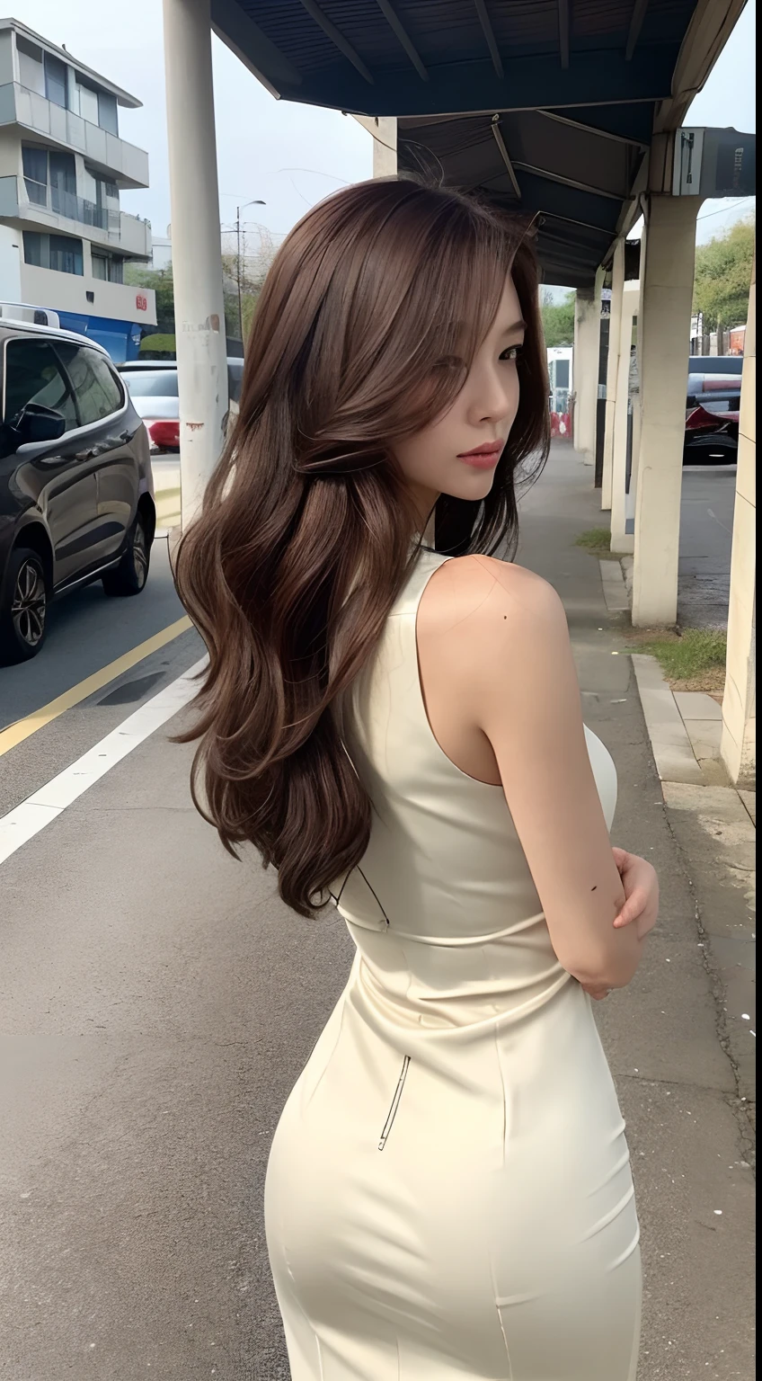 ((top-quality、8k、​masterpiece: 1.3))、sharp: 1.2、Perfect body beauty: 1.4、Slender abs: 1.2、((Layered Hair Style、huge tit: 1.2))、(Bandeu dress white: 1.1 )、Street: 1.2、Highly detailed face and skin textures、A detailed eye、二重まぶた、long brown hair、Thin dress、Hands behind、to stand、Rear view