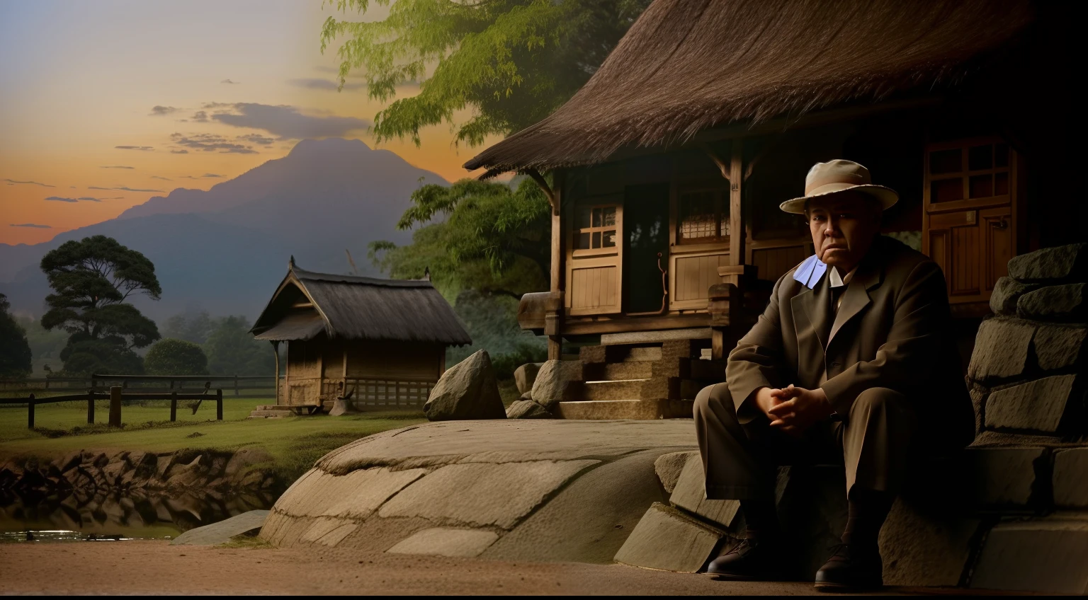 There was a man sitting on a rock in front of the hut, Wise old man, old asian village, An old man, matte painting portrait shot, author：Krzysztof Boguszewski, Kramskoy 4 K, assam tea village background, Old village, old man, inspired by Ernő Bánk