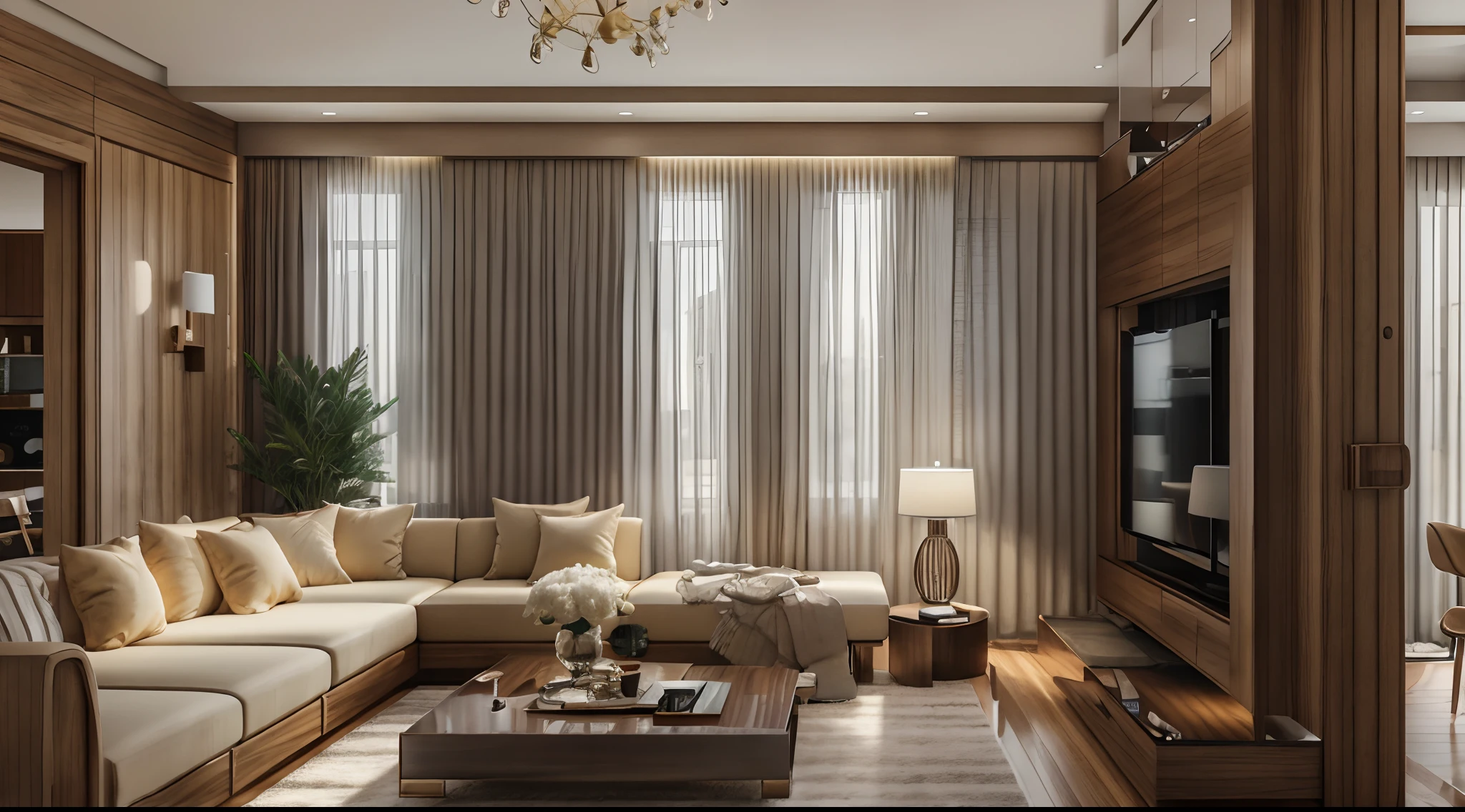 "Masterpiece, high quality, best quality, authentic, super realistic, super detail, interior, modern living room, rug, wooden floor, window, curtains, daylight, vray"