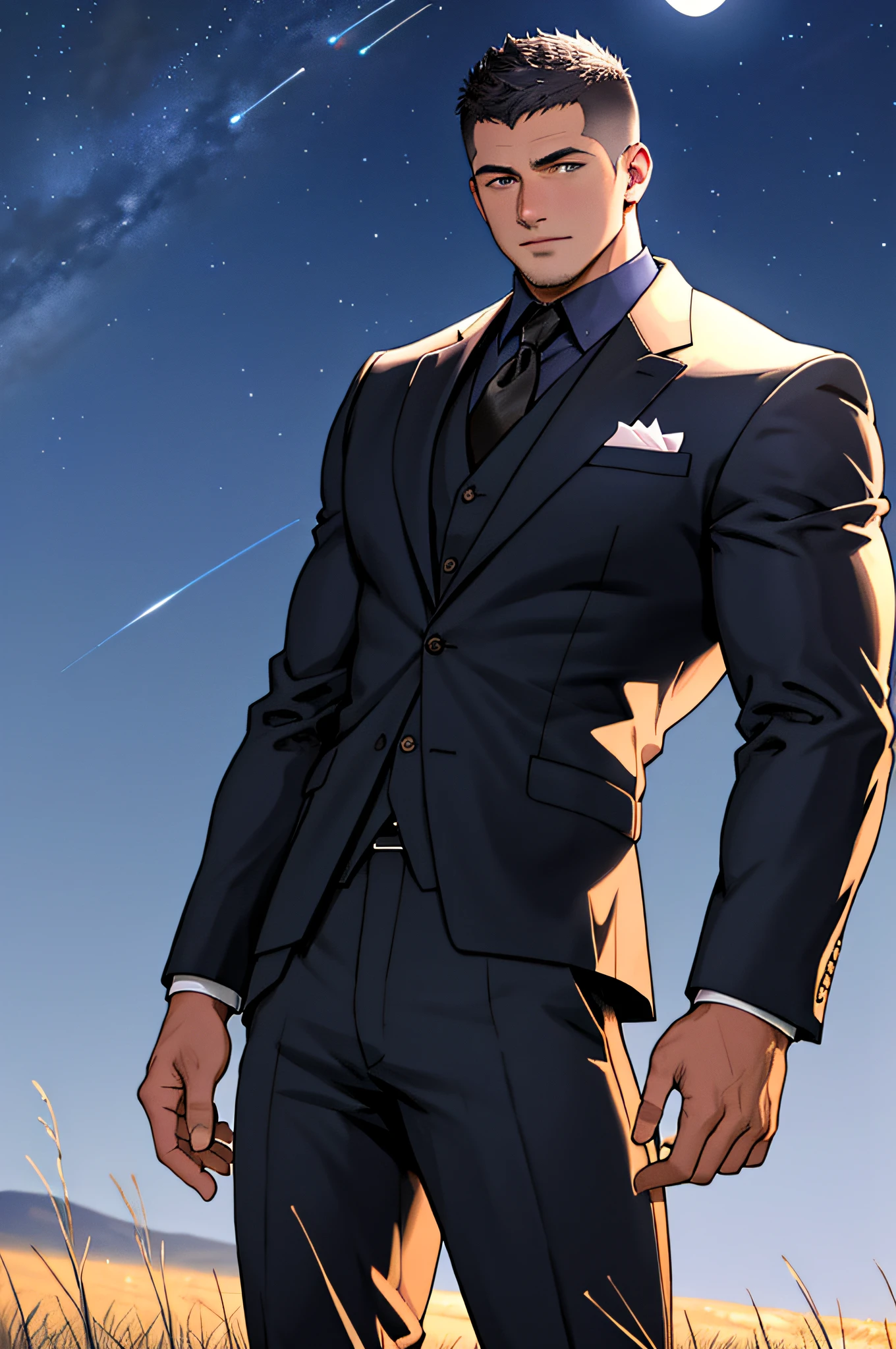 Draw a full-fledged footballer，Standing on the steppe at night，He wears a fancy suit，The man looks confident and determined，looking-down，Crew cut，full bodyesbian，Stars dot the sky，shooting from below，Big moon highlights background