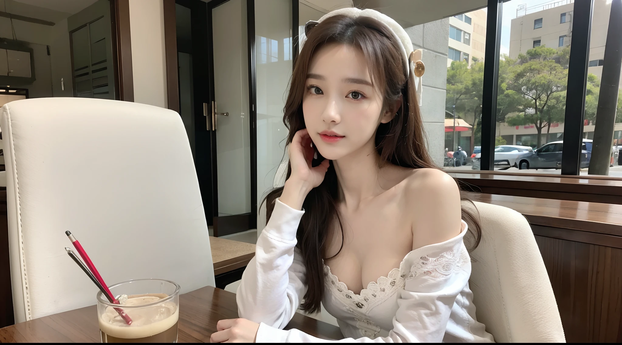 (High-resolution 8K raw photos are realistic,best qualtiy)，Fashion trendy beautiful and charming woman，gentle and charming Chinese beautiful woman，Korea,Kpop idol，delicate and sexy collarbones，charming oval face，二重まぶた，Ingenious[peaches]flower eyes，redish pink lips，small-nose，exposed bare shoulders，focus at face，closeup of face，Hyper-detailing，Blue off-the-shoulder long-sleeved top，White hip wrapped skirt，Light red hair，(cleavage，A half body，Close-up)，Lace，lacing，head gear， Fresh and impressive， natural color，(pedestrian street，cbd,rays of sunshine，outside，Stone table，LV shoulder bag for women，cellular phone)，Front light