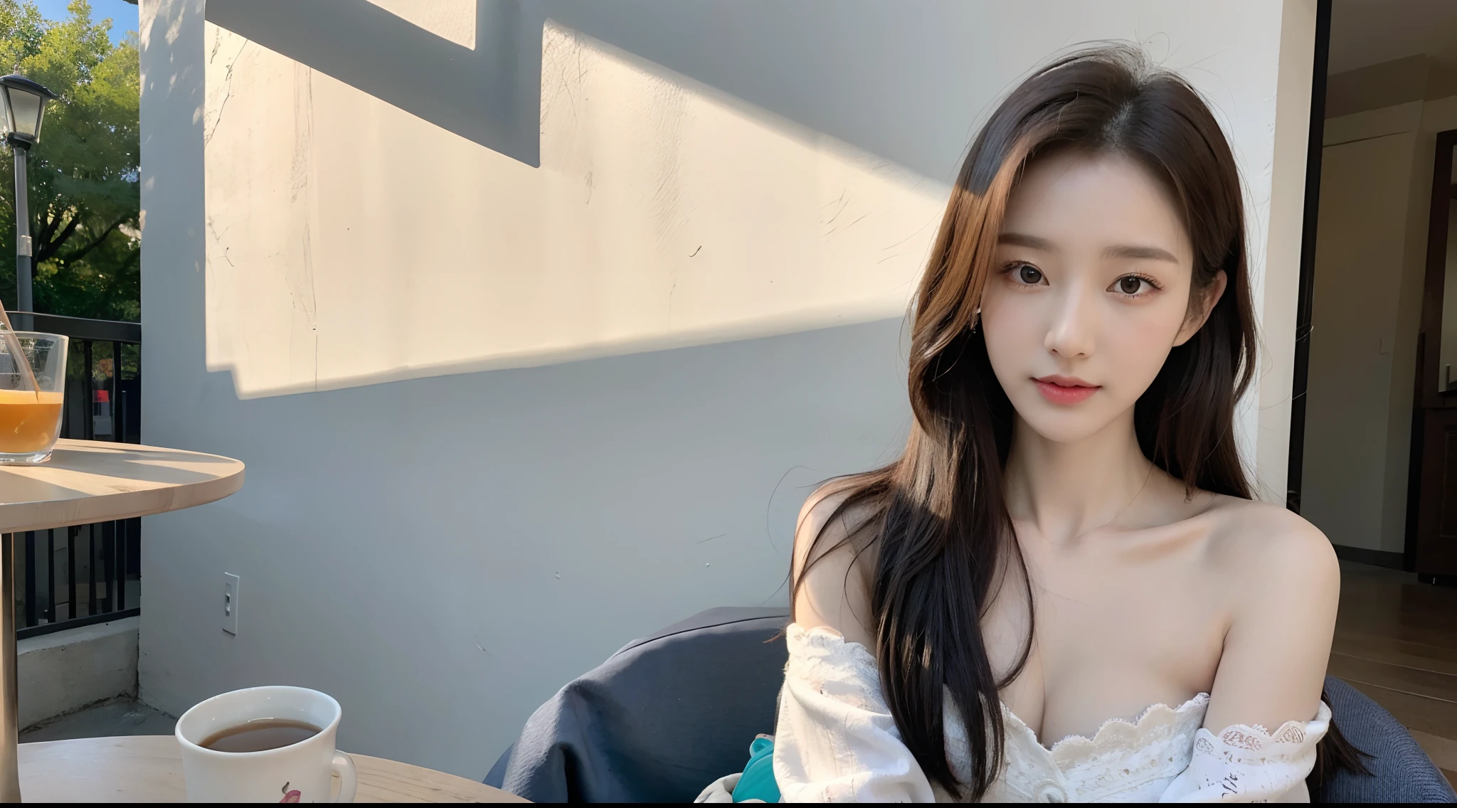 (High-resolution 8K raw photos are realistic,best qualtiy)，Fashion trendy beautiful and charming woman，gentle and charming Chinese beautiful woman，Korea,Kpop idol，delicate and sexy collarbones，charming oval face，二重まぶた，Ingenious[peaches]flower eyes，redish pink lips，small-nose，exposed bare shoulders，focus at face，closeup of face，Hyper-detailing，Blue off-the-shoulder long-sleeved top，White hip wrapped skirt，Light red hair，(cleavage，A half body，Close-up)，Lace，lacing，head gear， Fresh and impressive， natural color，(pedestrian street，cbd,rays of sunshine，outside，Stone table，LV shoulder bag for women，cellular phone)，Front light