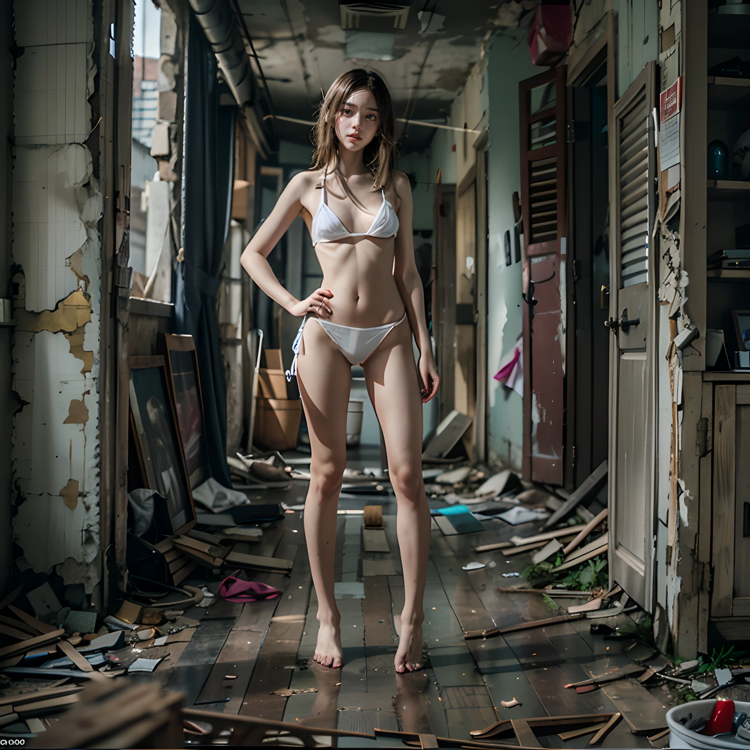 abandoned building，The light is dark，Dilapidated，Devastated，Sexy standing pose，(Full body portrait 1:1），Random white transparent bikini 0.5，18 years old girls，Slender and slender figure，Skinny，Fair and clean skin，As thin as a whipping post，Smaller bust，The barefoot，Random nudity throughout the body1.3，exhibitionists，Random exposure of genitals，face to the viewer