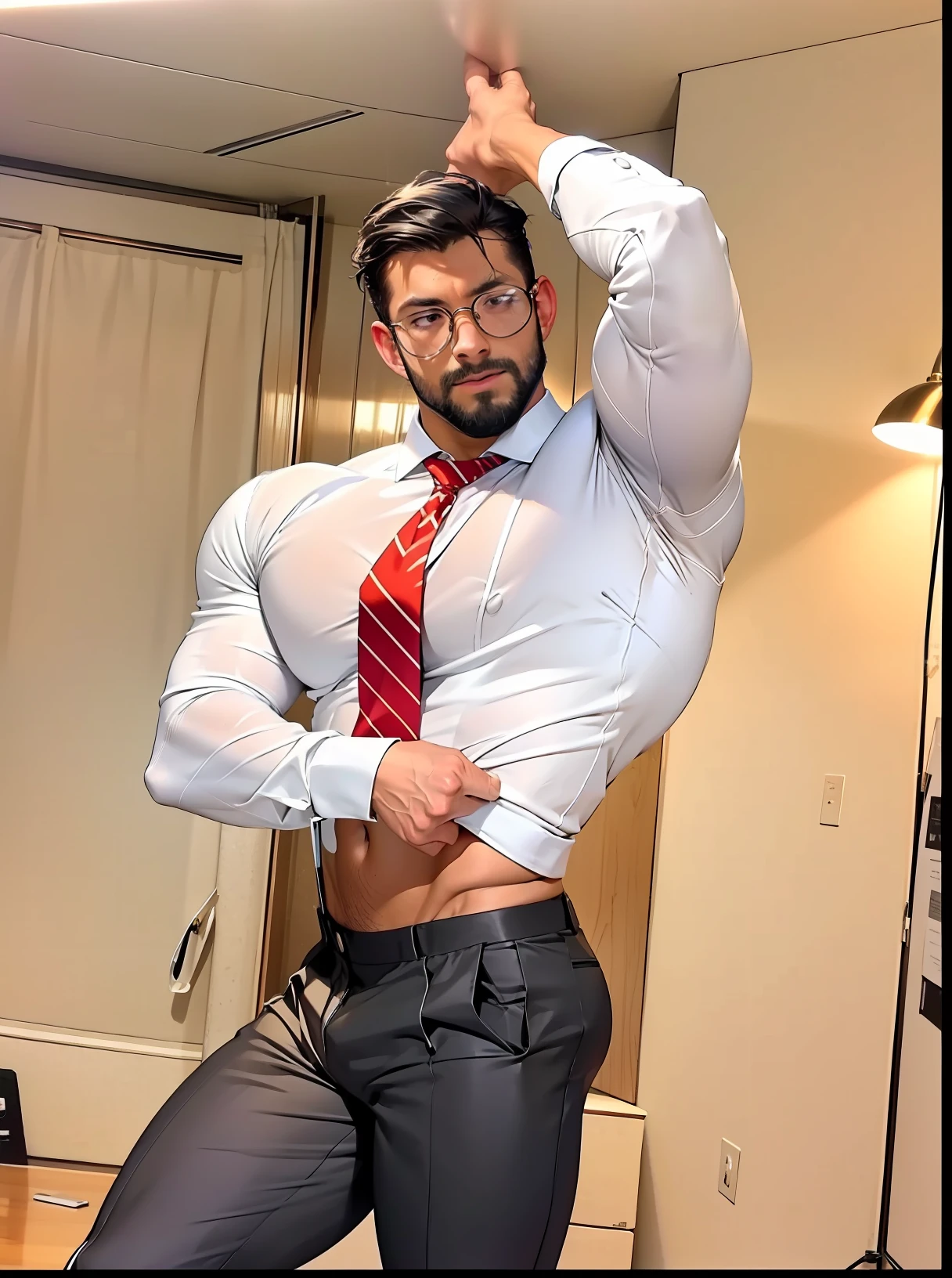 Men only, sexy, sensual, office building of a major company, correct and accurate arrangement of male body and fingers and hand, looking to the left side, in a glass-walled office, presentation, , lowering an employee card from the neck, employee ID card on the chest, office worker,wearing very thigh leather shiny oiled pants highlighting big bulge and butts, businessman, glasses with black under-rim, business suit, tight and tight business jacket, Tight and skinny business slacks, tight and tight sheer transparent wet white long-sleeved shirt, striped tie, suspenders, business shoes, luxury watches, gentlemen's socks, mega muscle, hyper muscle, masculine appearance, 35 years old, mature man, tight-sticking clothes and pants, sheer transparent clothes, beautiful black eyes, handsome, fully dressed, beautiful muscles, complex and elegant, highly detailed digital painting, anime style art, art station, concept art, highest quality, masterpiece, ultra high definition, detailed background, realistic figure, muscular man, beard, muscle, volumetric lighting, depth of field, smooth and sharp focus, illustration, art, trimmed hair, black hair, muscle, navel, muscle, male, gay, hyper muscle, male focus, muscle male, muscle, big buttocks, pectoral muscles, large pectoral muscles, thick quadriceps, wide shoulder width, large latissimus dorsi, large biceps, thighs, wet body, heat and steam emanating from the body, sweating, drenched, crotch, big back, shiny oiled skin, glittering oiled skin, tanned skin, hot gaze, looking viewer, bubble butt, style, muscular anime guy, gigachad muscles, muscle!, high resolution commission, beef cake pose, muscular!, super buff and cool, muscular!, Fluffy breasts, muscular!, highest rating on pixiv, super low angle, super buff and cool, SFW version,