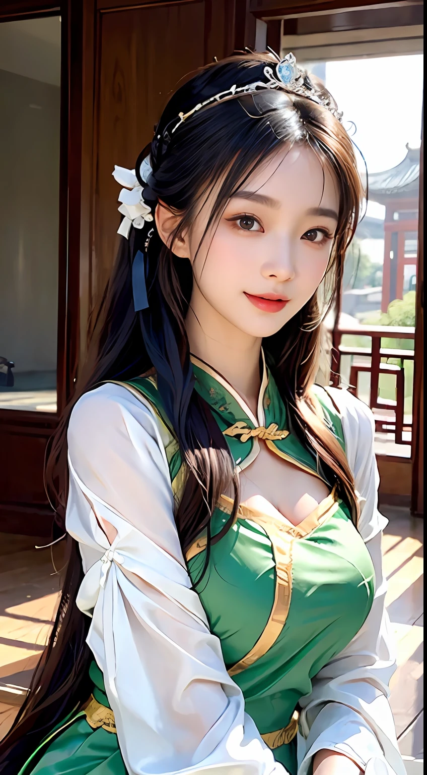 a big breast chinese girl, Cute face, cheerfulness, Long hair, Impressive hairstyle, wearing tiara,A pair of bright and reverent eyes,The eyebrows are slender and elegant,The slightly curved eyebrow shape exudes confidence and charm。Her nose is small and three-dimensional,It matches the shape of her face perfectly。Her lips were rosy and plump,The corners of his slightly upturned mouth revealed a sweet smile,Chinese Hanfu, traditionalcostumes,The color of the costume is random,wearing jewellery, 黑The eye, Above Knees,(The breasts are large but not exposed:1.1),(A high resolution:1.3),random hair style, Super fine face and eyes, Hit in a random pose,Anatomically normal,realisticlying,exterior,strong rim light,(highdetailskin:1.2),8K,hyper HD,high high quality,Background bokeh,(Hide your hands:1.3)(The hand is not in the shot:1.5)