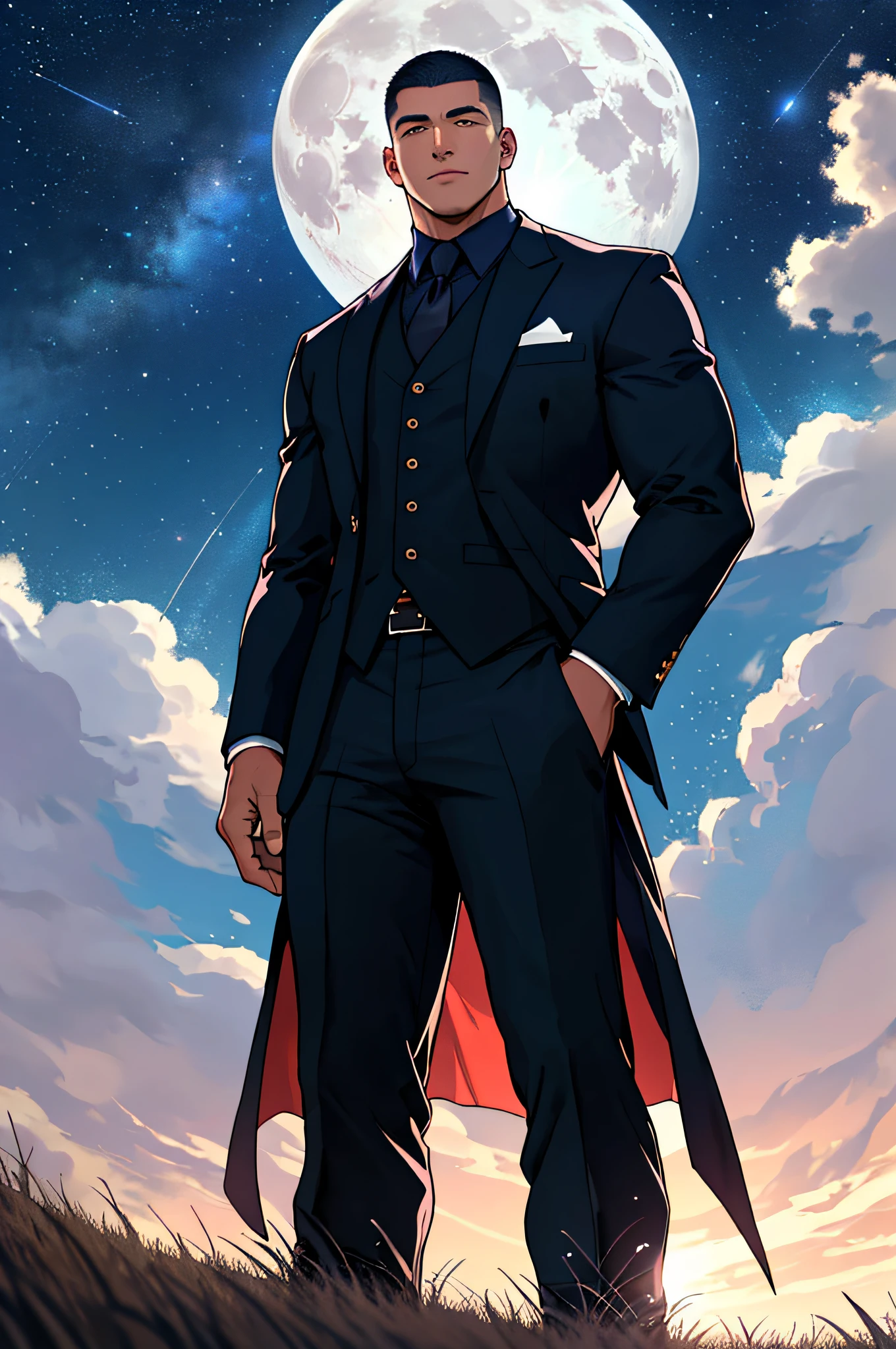 Draw a full-fledged footballer,Standing on the steppe at night,He wears a fancy suit,The man looks confident and determined,looking-down,Crew cut,full bodyesbian,Stars dot the sky,shooting from below,Big moon highlights background