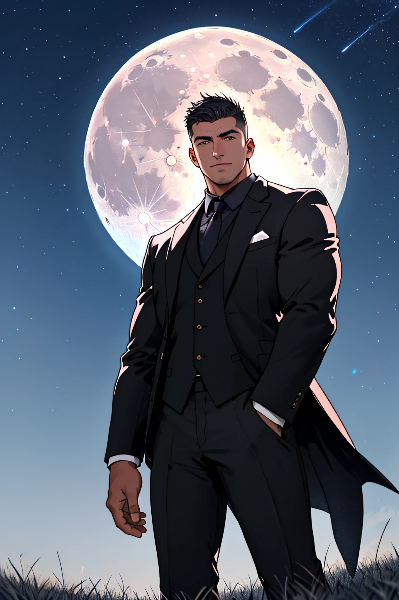 Draw a full-fledged footballer,Standing on the steppe at night,He wears a fancy suit,The man looks confident and determined,looking-down,Crew cut,full bodyesbian,Stars dot the sky,shooting from below,Big moon highlights background