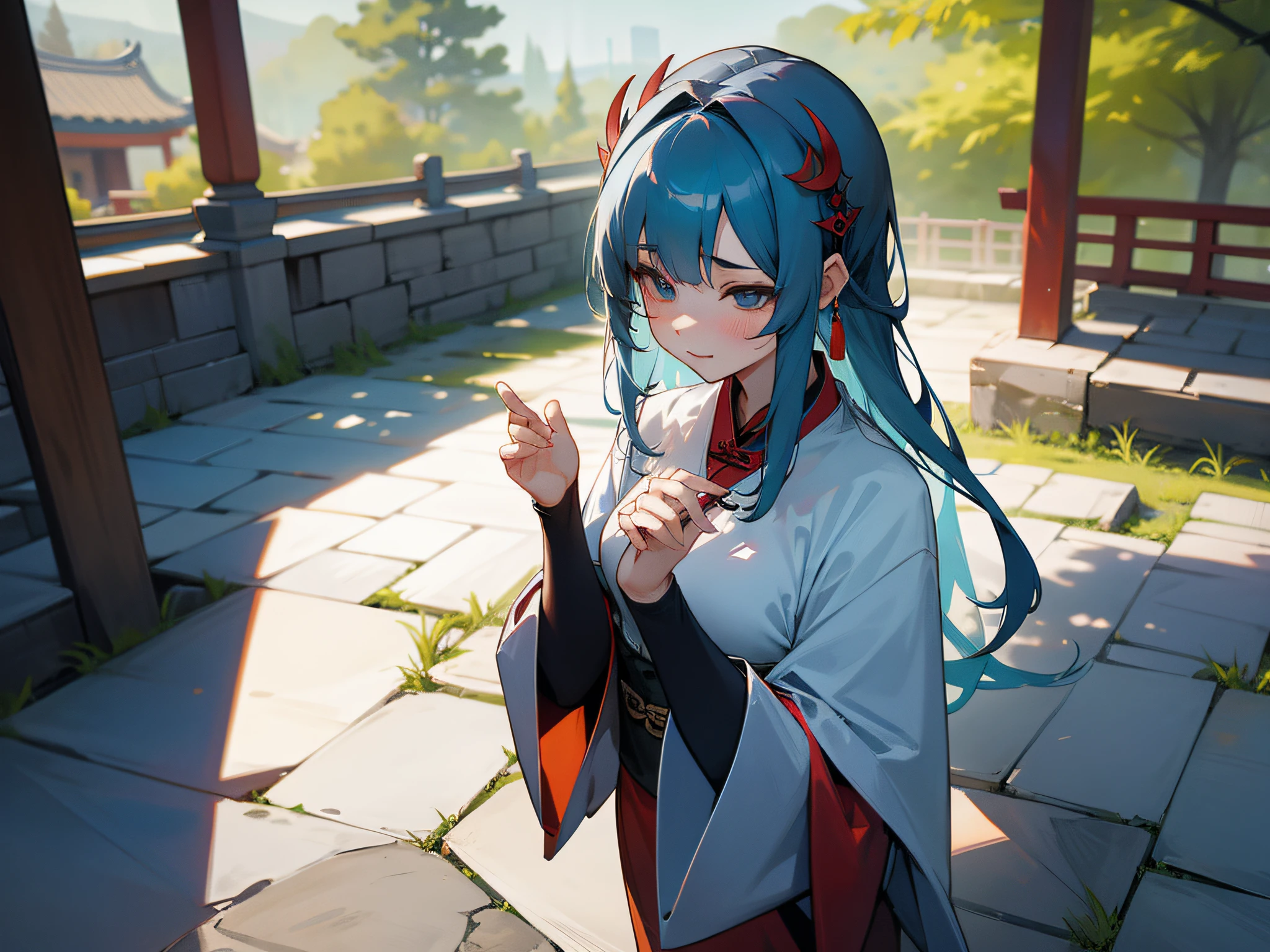 In the ancient Chinese courtyard,saintess,A coquettish expression