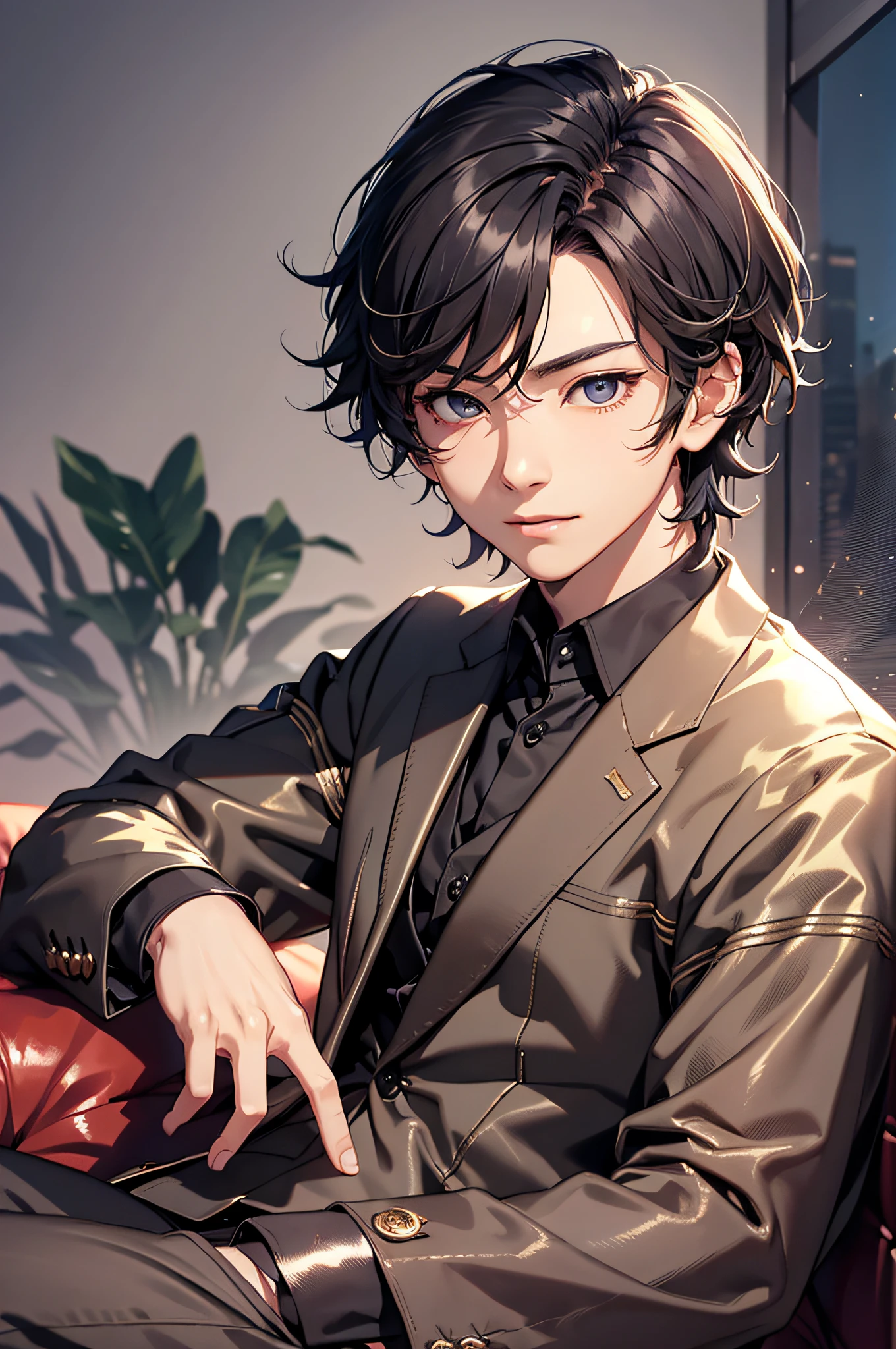 (hoang lap,A high resolution,hyper-detailing,HDR),tmasterpiece,best qualtiy,A boy with,Close up,独奏,handsome,short detailed hair,whaite hair,Fine eyes and detailed face,lounge suit,Real shadows,Scissorhands gesture,cheerfulness,rays of sunshine。