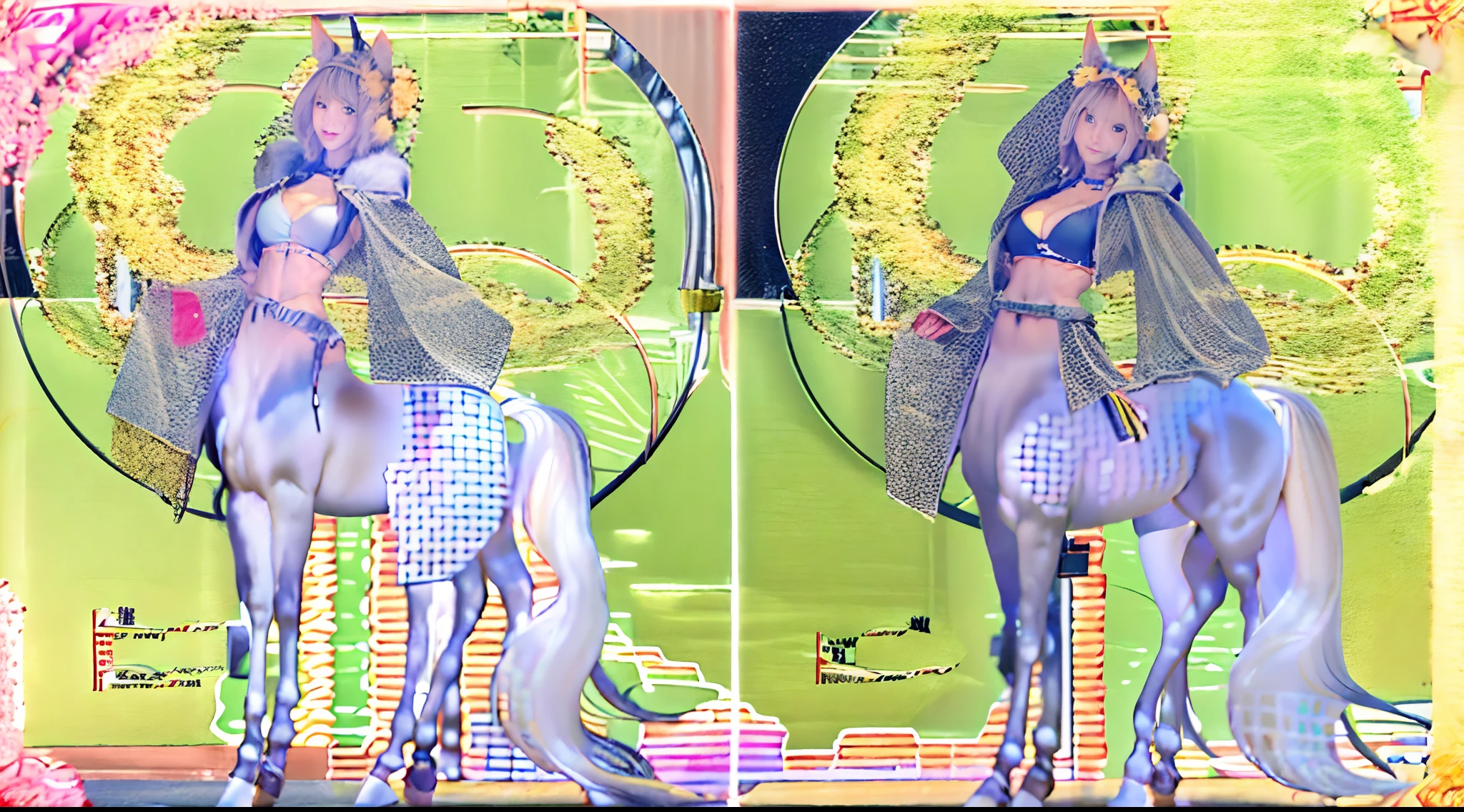 Two female centaurs,♀The Gemini are famous in the multiverse,They are both female, half-centaur, half-horse, half-horse, half-horse, half-horse,It is also a female Yingzhao。Their fusion of two images,The first is the head of a horse/neck/Shoulder these parts,After feminization,The upper body transforms into a beautiful female human,Female, half-centaur, half-human, half-horse, half-human,The second is the waist of the horse/hason/gluteal/Legs feminine,Female half-horse with beautiful woman's,Chimer,It's like a female human wearing a half-horse-like costume and making a seamless chimera,This chimerization is based on powerful futuristic technology。The ultra-wide-angle lens captures the image of their beautiful and ethereal wings on the ionosphere making a super-high-speed charge and leaping。Their front half is distinctly feminine,Tall sexy body,Has K cup teardrop-shaped giant tit chest,It has a small man's waist butterfly spanning long legs,The half-horse part of the hind body,Embedded interface at the hip position。The horse-shaped half-horse torso form of their back body is completely female and humanized。The chest cavity of a woman in the shape of a bent dog style embedded in the lower back position of the beautiful woman's body starting from the upper part of the sternum/lower back/Ventral transverse。Then there are the sexy beauty's upright hips,Their entire bodies have been completely feminized,Including the half-horse part。Mechanized armor covers the legs with knee-shaped anti-joints and feet,And these parts are highly anthropomorphic,This makes their legs beautiful and slender,Their four horse legs explode in length proportions and are slender and toned,Under the legs are skinny white feet dressed in Skyscraper Heels,Use Midjourney's advanced stroke tools and color palettes, as well as texture packs, model packs, and texture tools,Concentration,Include all parts of their original horse physiology including fur/Waist and abdomen/Hip legs/Leg Capital Feminization