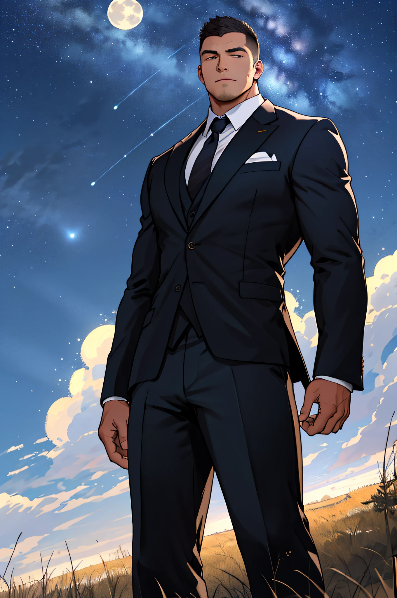 Draw a full-fledged footballer,Standing on the steppe at night,He wears a fancy suit,The man looks confident and determined,looking-down,Crew cut,full bodyesbian,Stars dot the sky,shooting from below,Big moon highlights background