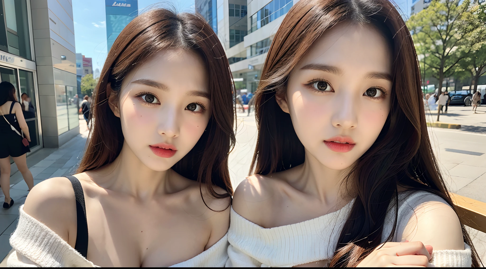 (High-resolution 8K raw photos are realistic,best qualtiy)，Fashion trendy beautiful and charming woman，gentle and charming Chinese beautiful woman，Korea,Kpop idol，delicate and sexy collarbones，charming oval face，二重まぶた，Ingenious[peaches]flower eyes，redish pink lips，small-nose，exposed bare shoulders，focus at face，closeup of face，Hyper-detailing，Blue off-the-shoulder long-sleeved top，White hip wrapped skirt，Light red hair，(cleavage，A half body，Close-up，Solo)，Lace，lacing，head gear， Fresh and impressive， natural color，(pedestrian street，cbd,rays of sunshine，outside，Stone table，LV shoulder bag for women，cellular phone)，Front light